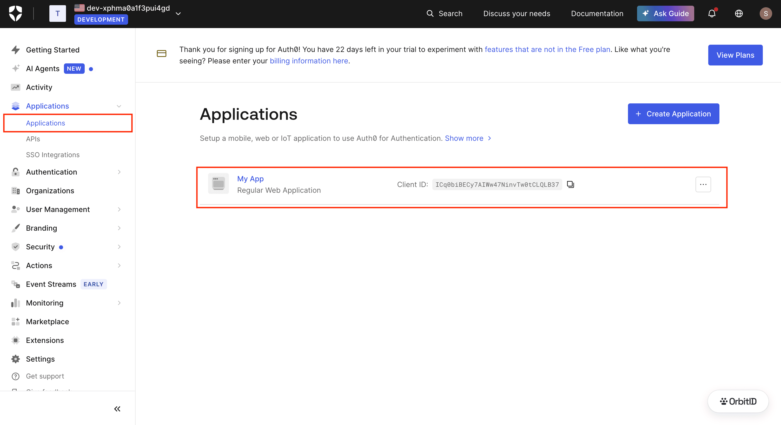 Auth0 applications list