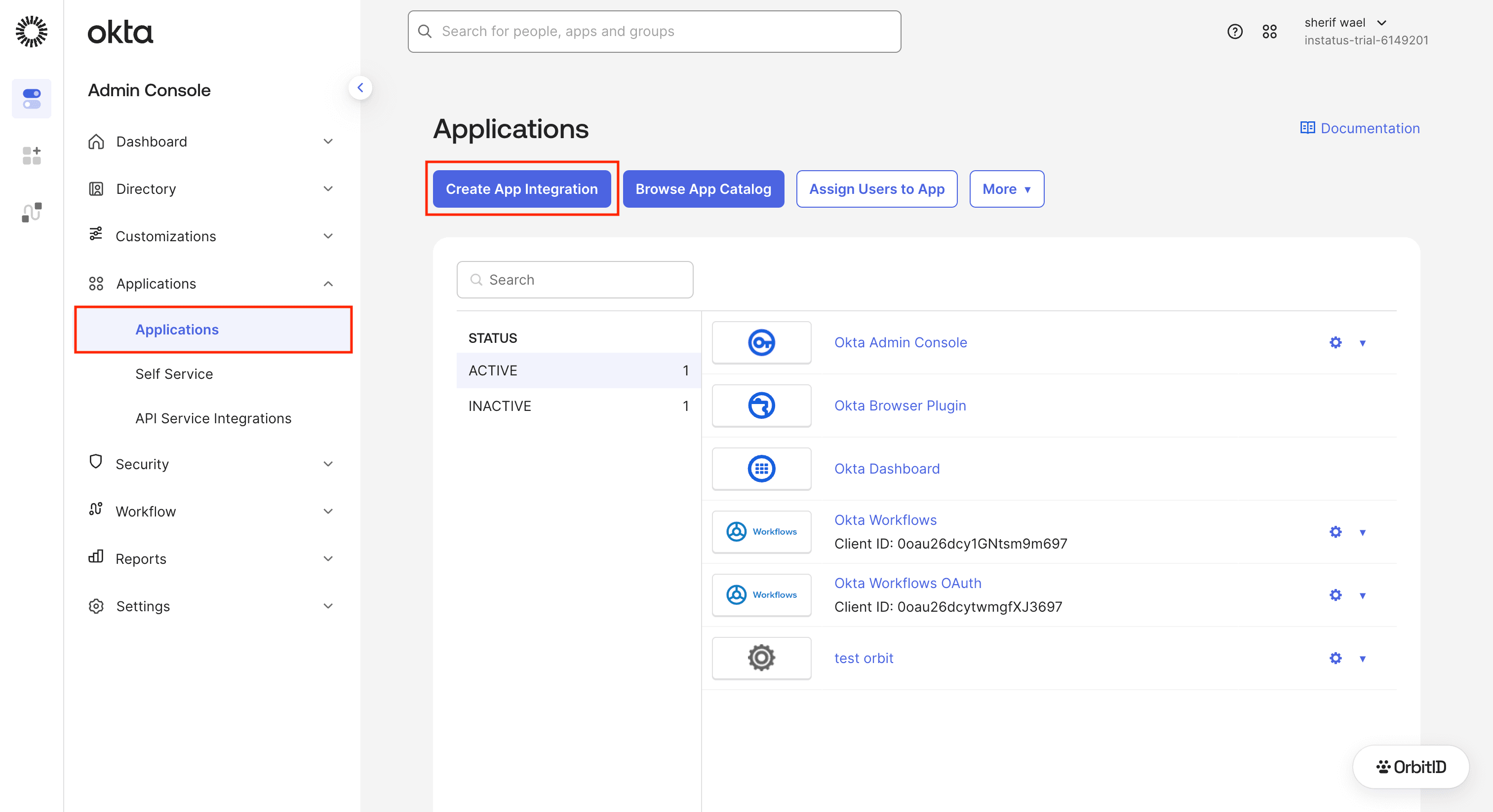 Okta applications page with Create App Integration highlighted