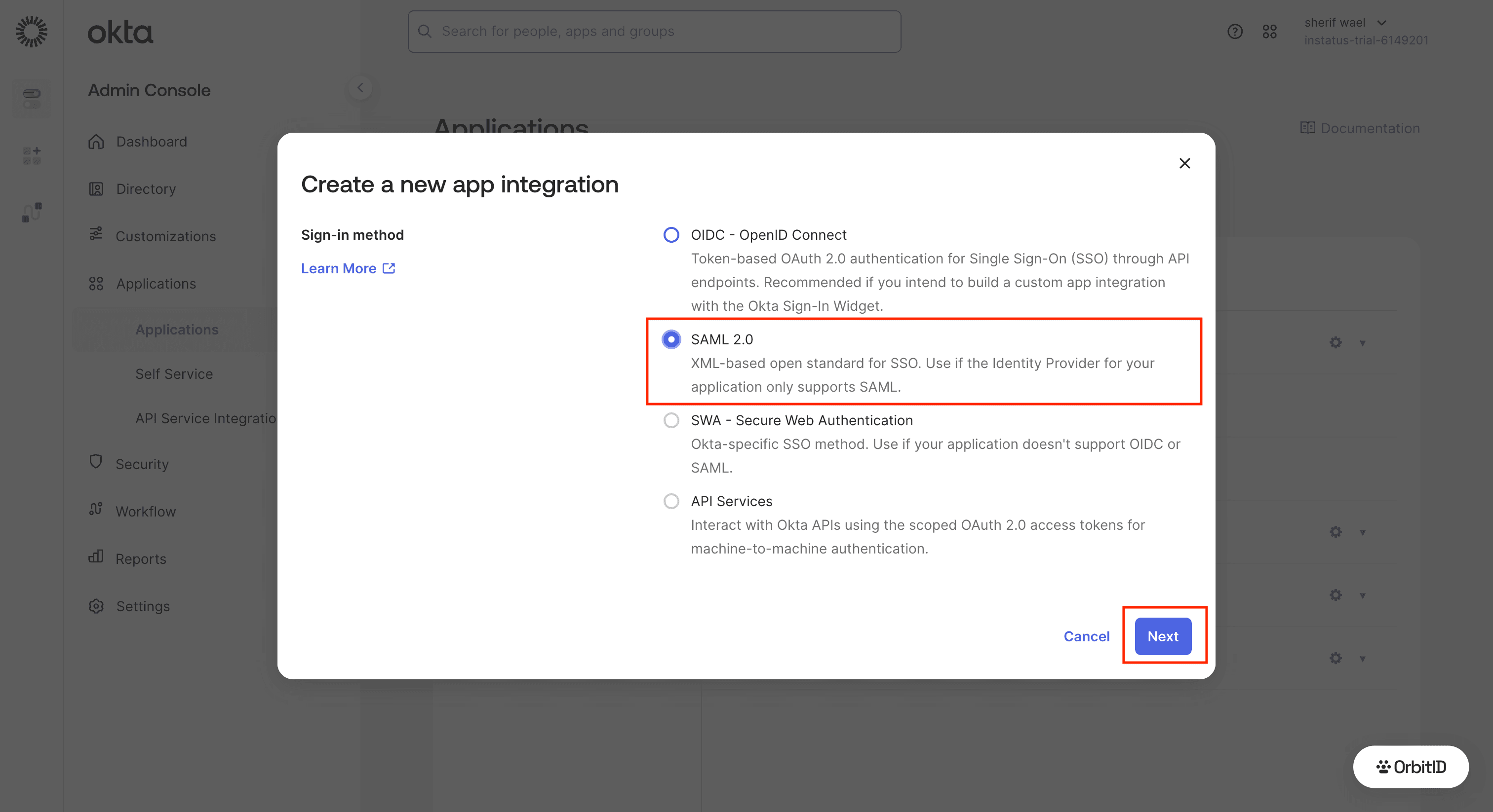 Create a new app integration dialog with SAML 2.0 selected
