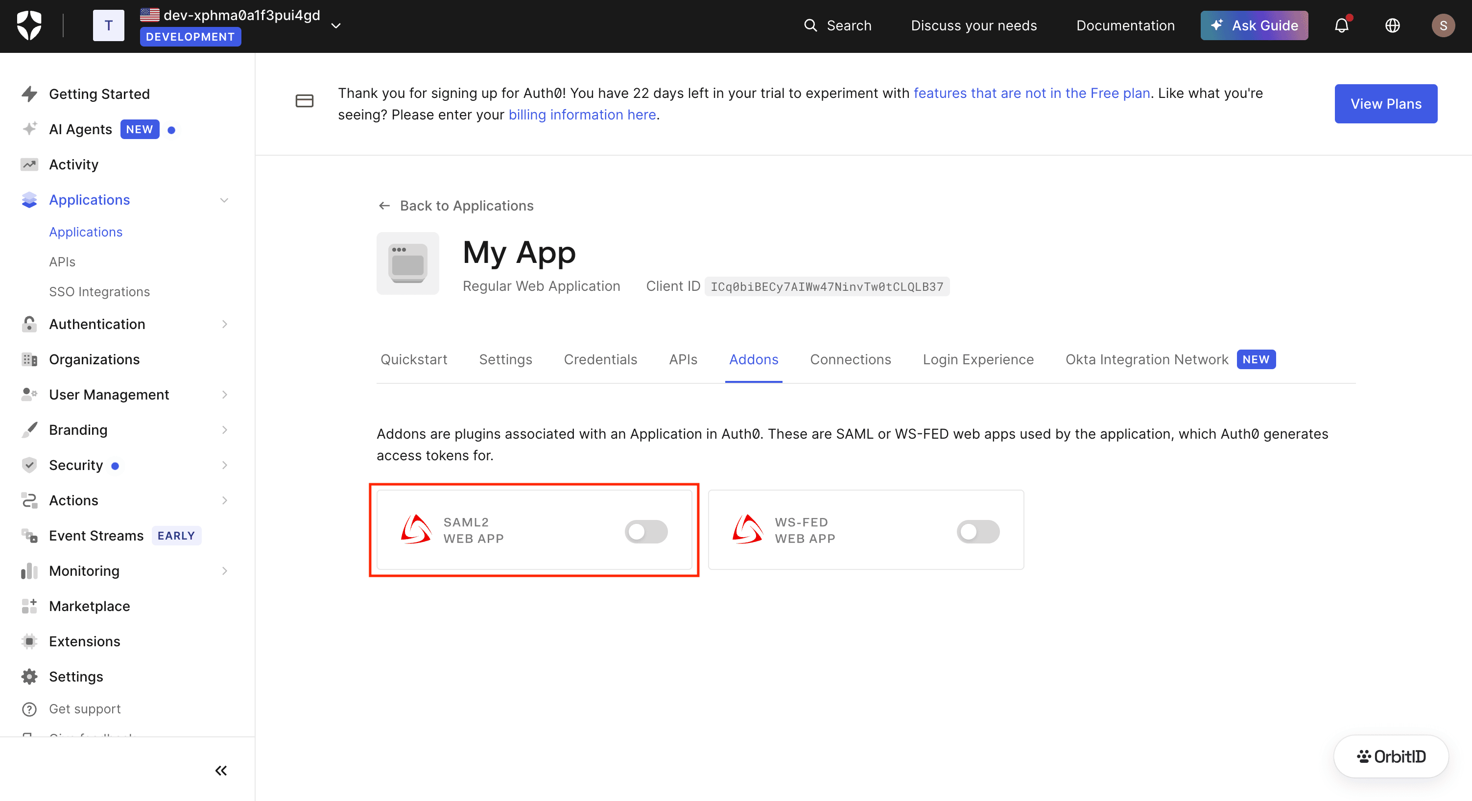 SAML2 Web App addon settings with the application callback URL