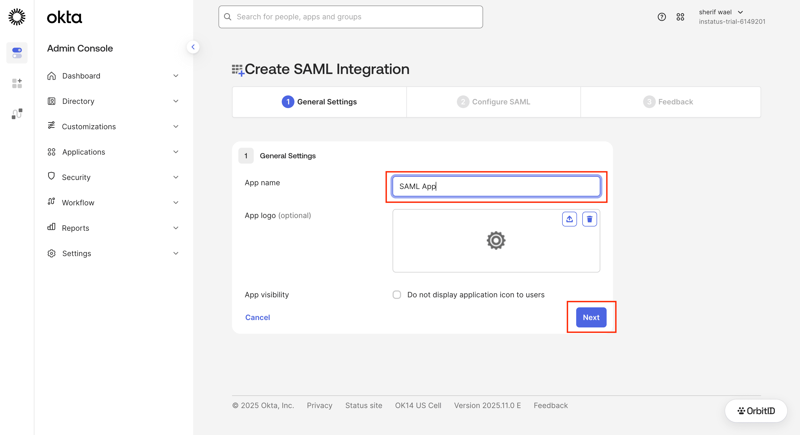 General settings step with the app name field