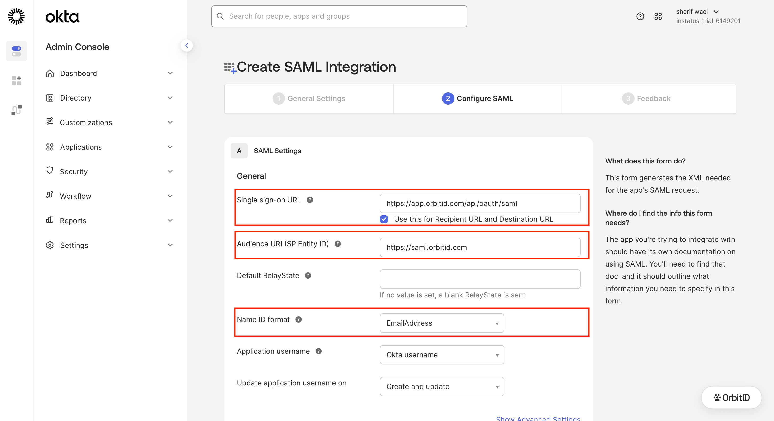 SAML settings with the single sign on URL, audience URI and Name ID format