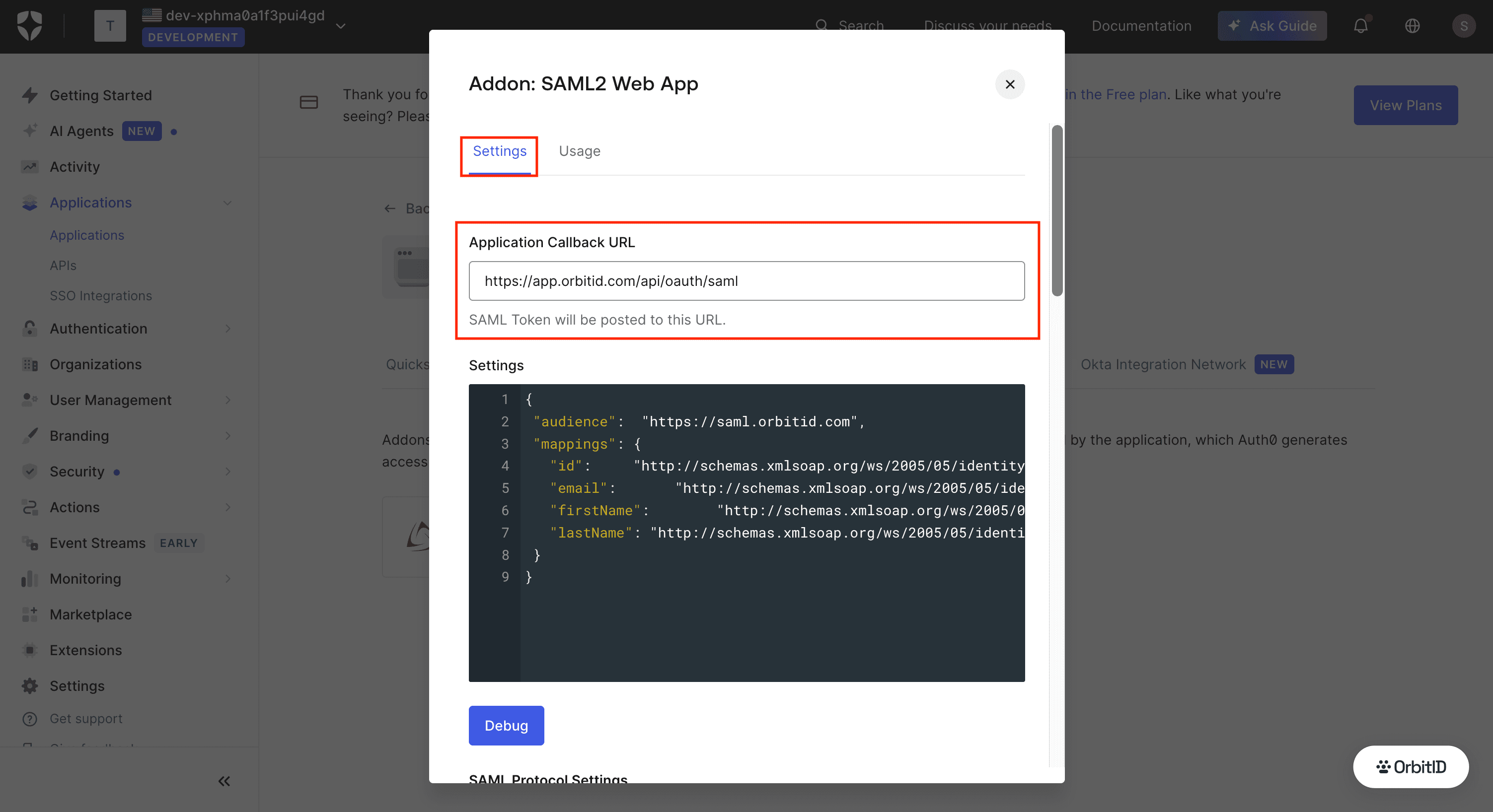 Usage tab with the identity provider metadata download link