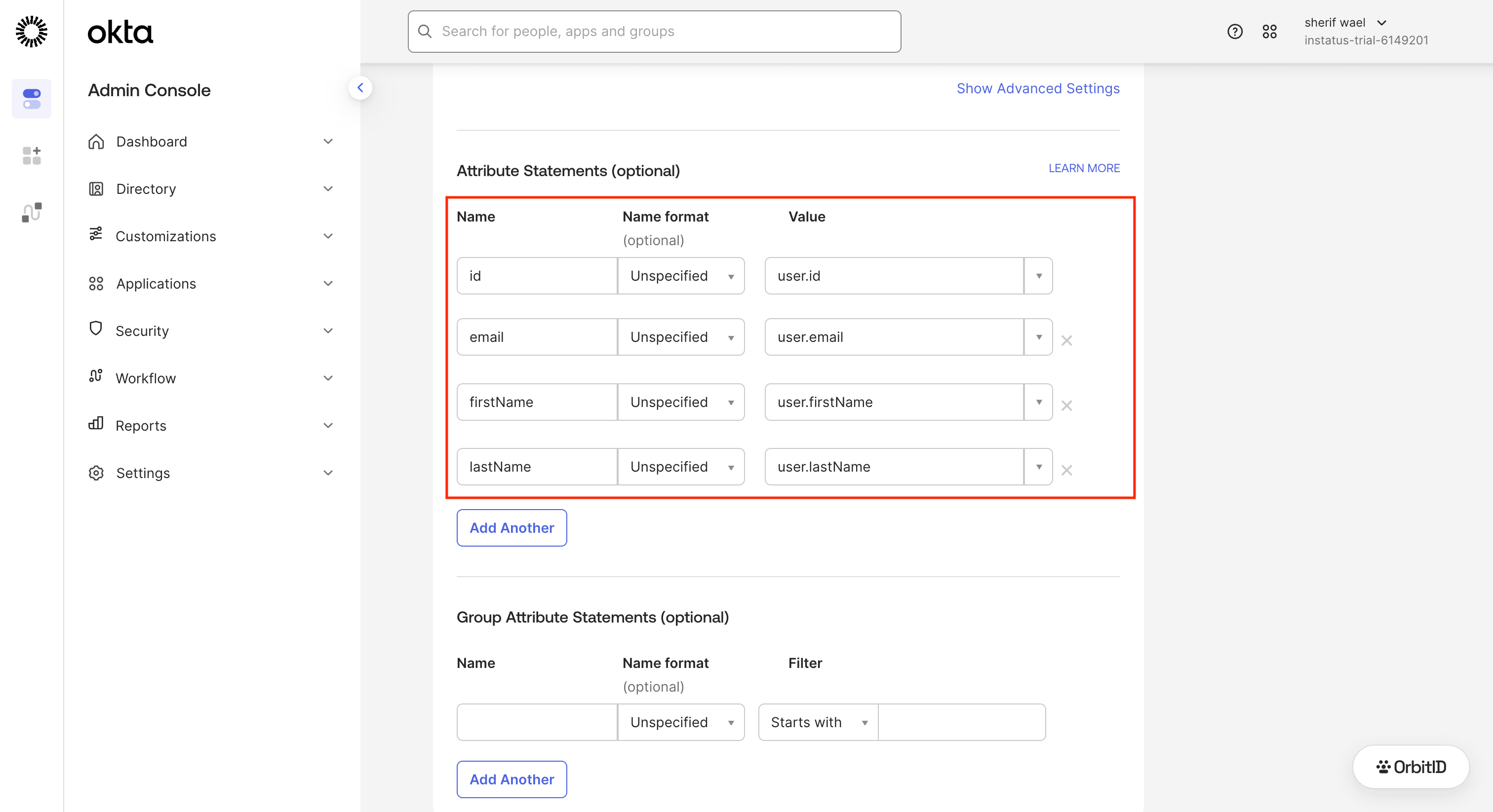 Attribute statements with id, email, firstName and lastName mapped