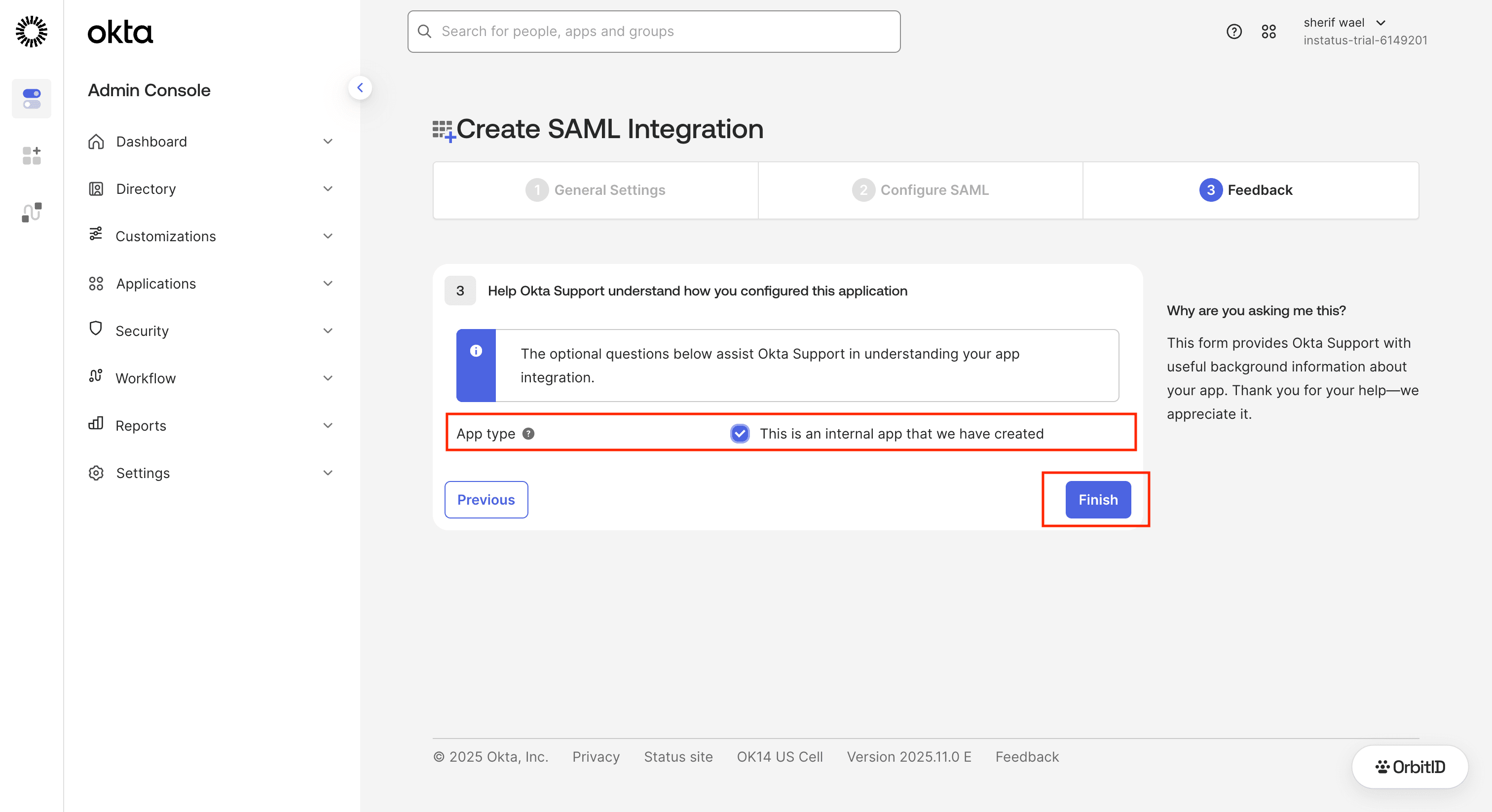 Feedback step with the internal app option selected