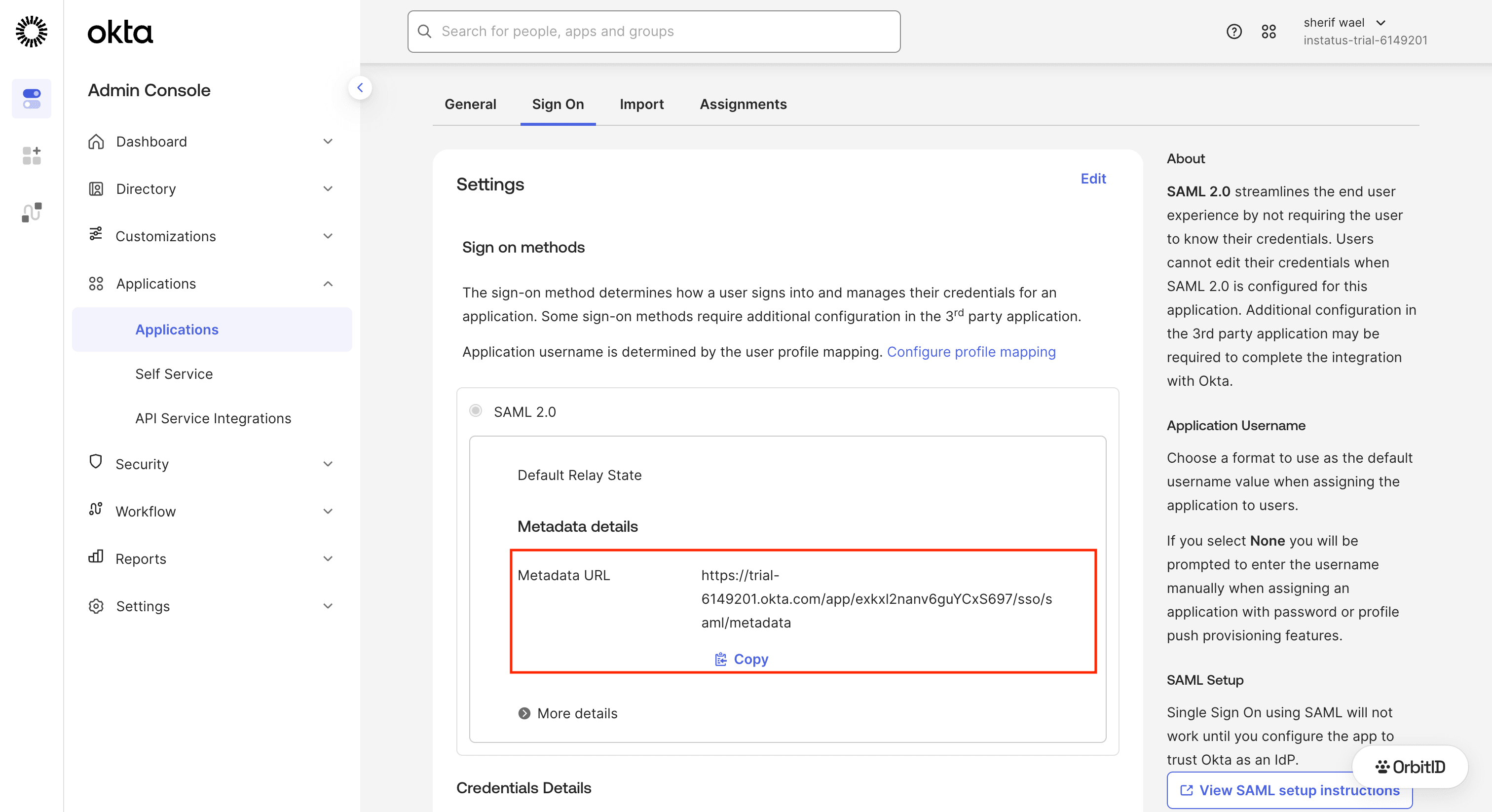 Sign On tab with the View IdP metadata action