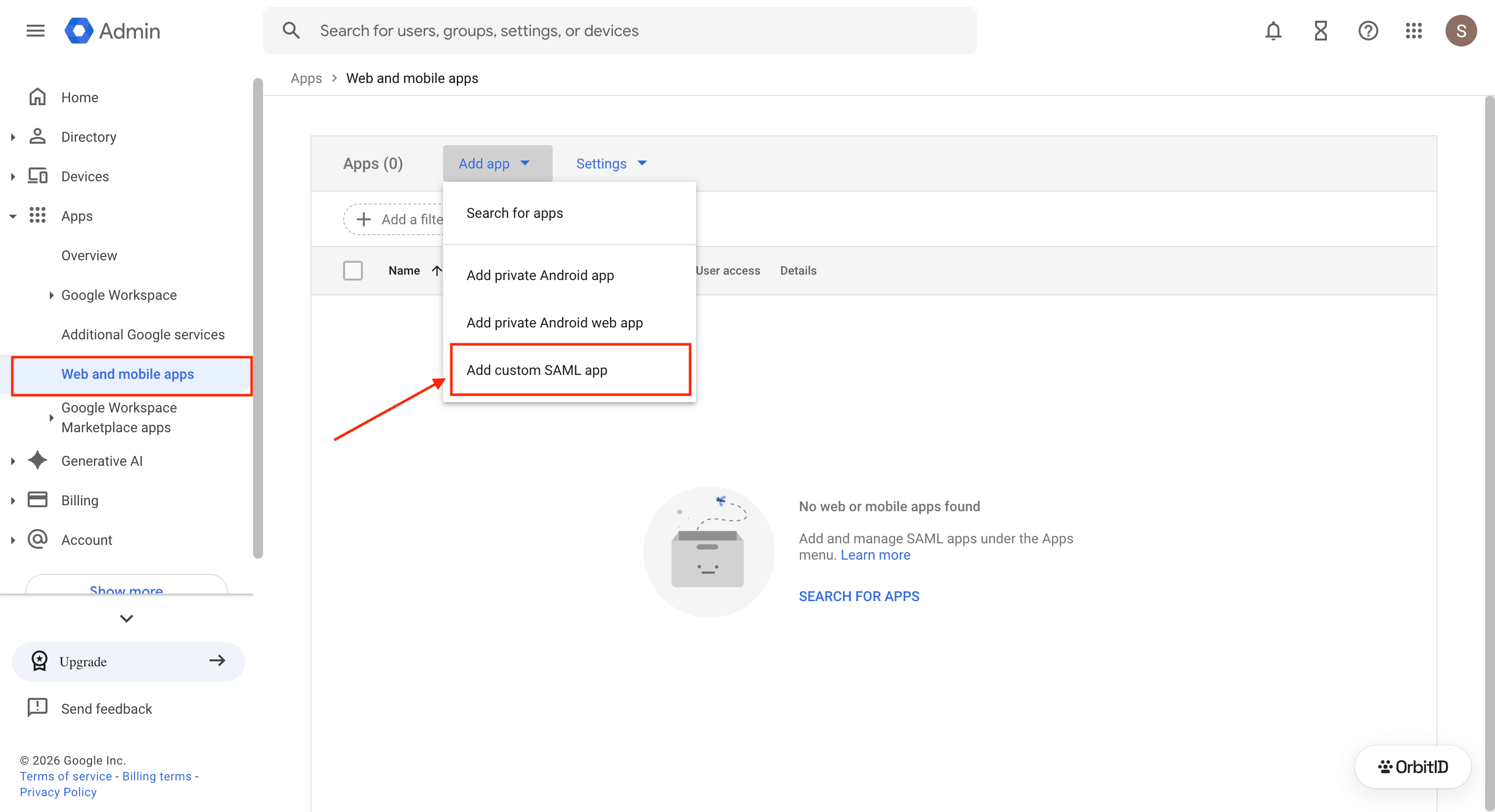 Web and mobile apps page with Add custom SAML app highlighted
