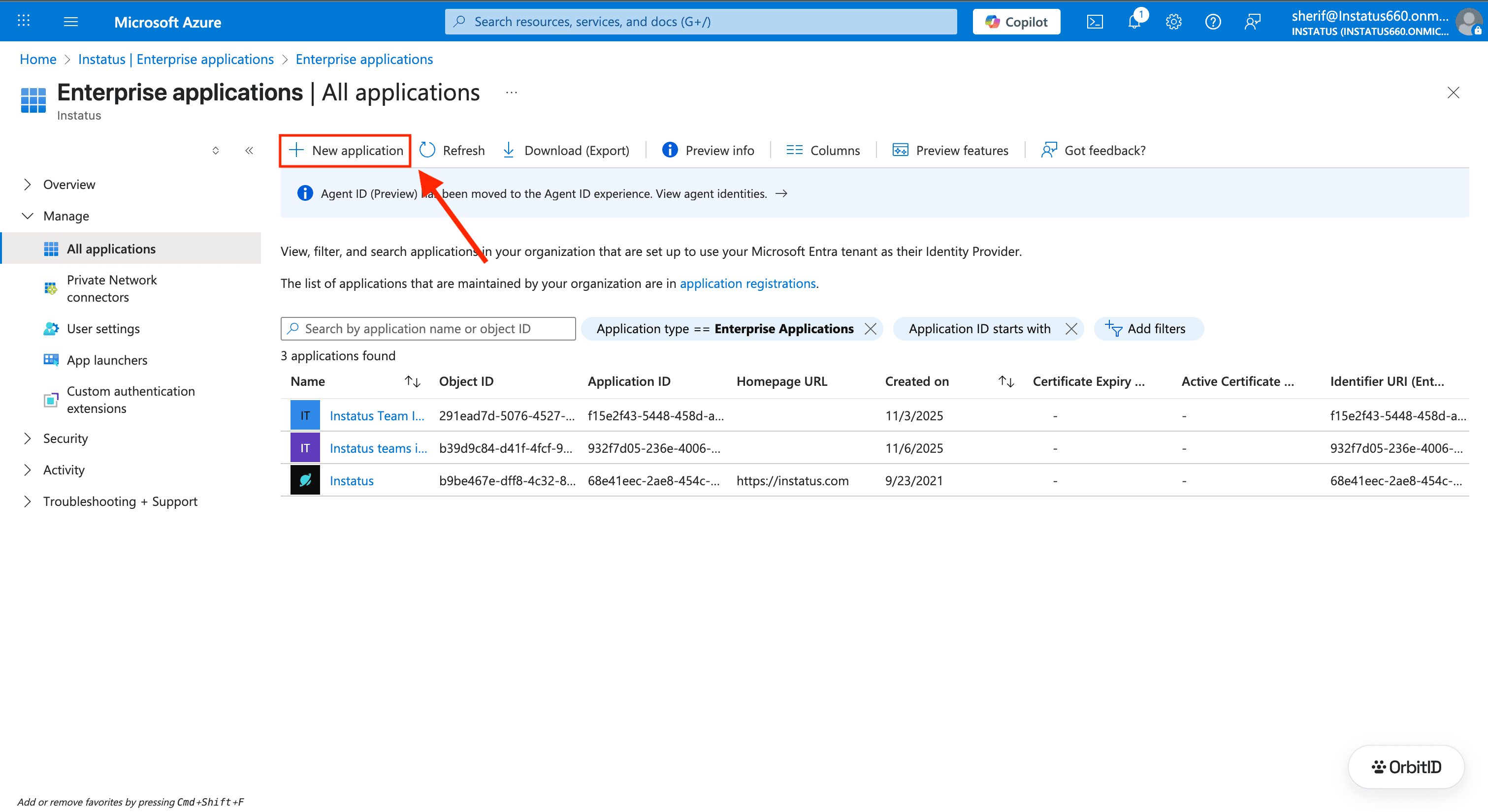 Enterprise applications list with New application highlighted