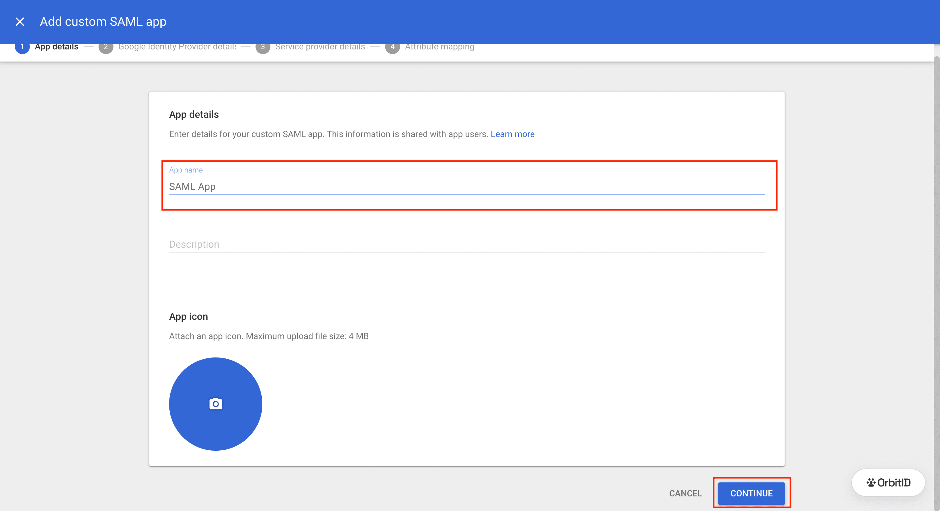 App details step with the app name field