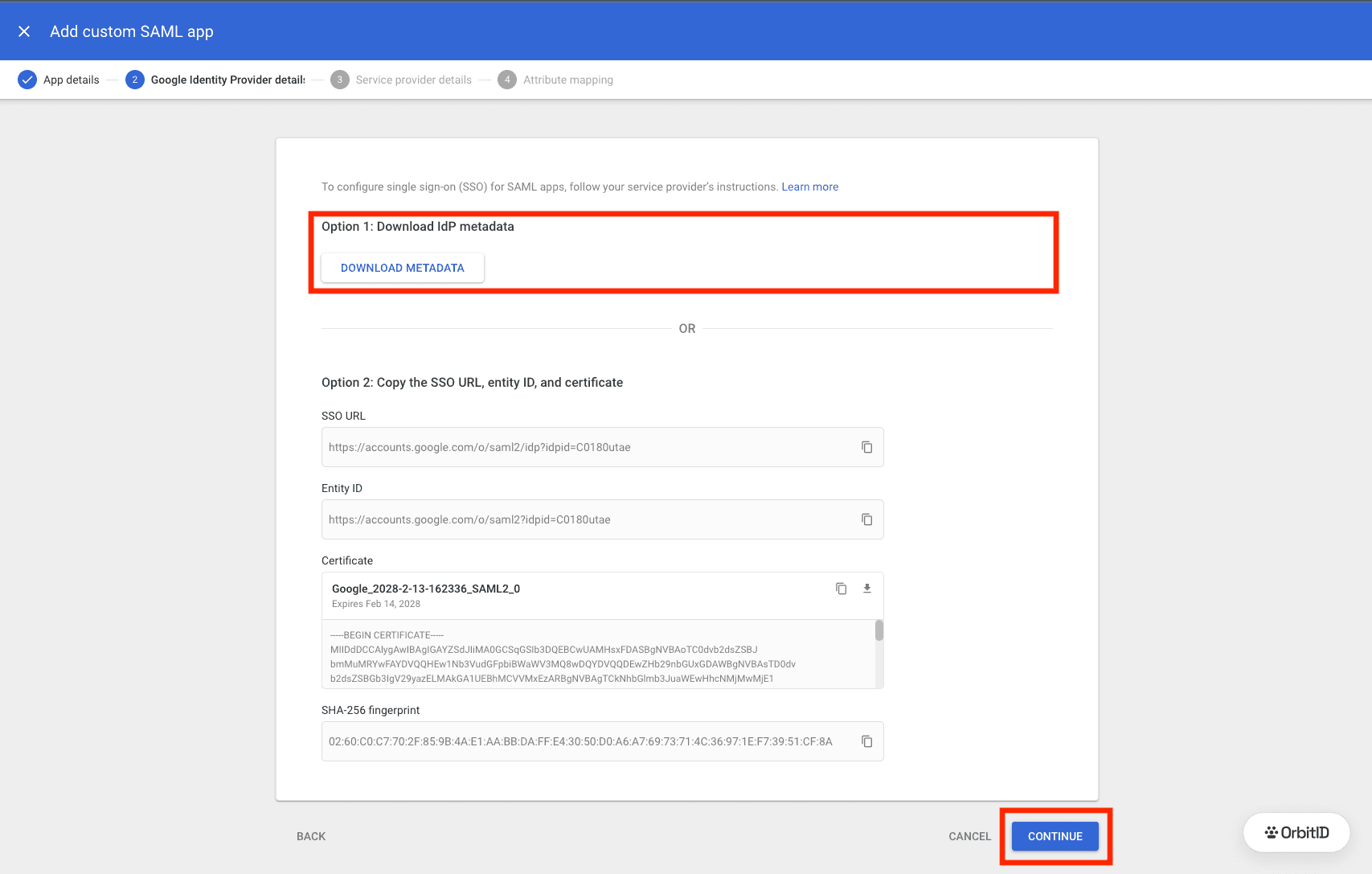 Google Identity Provider details with the download metadata button
