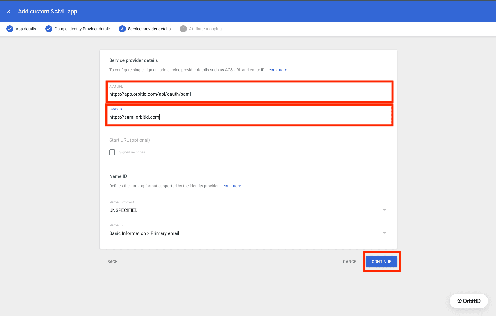 Service provider details with the ACS URL and entity ID