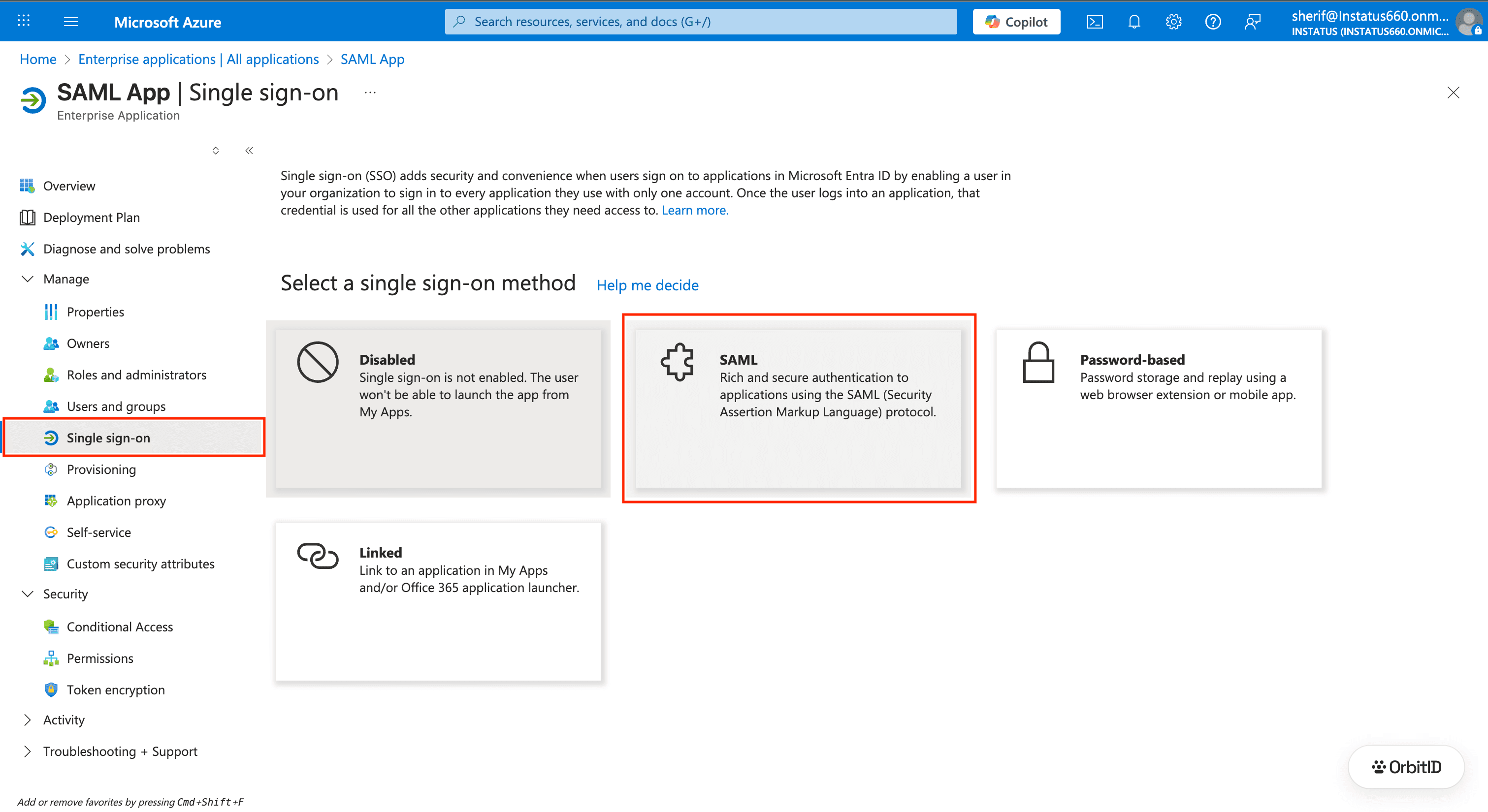 Single sign-on method selection with SAML highlighted