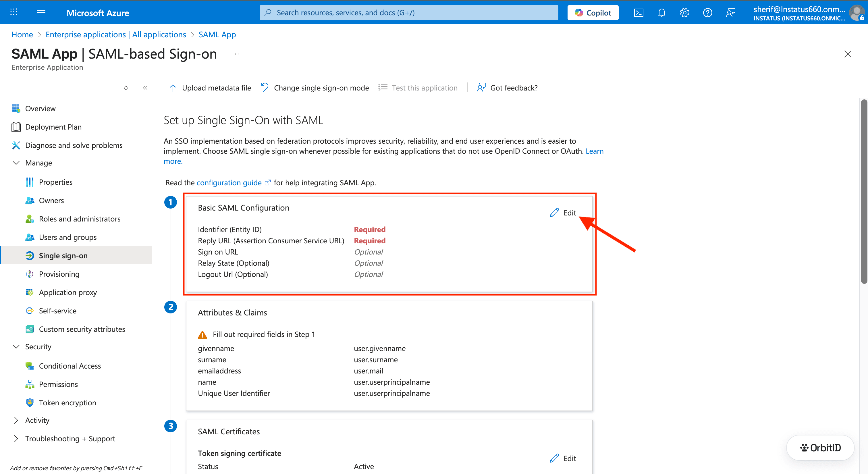 SAML-based sign-on page with the Basic SAML Configuration edit button
