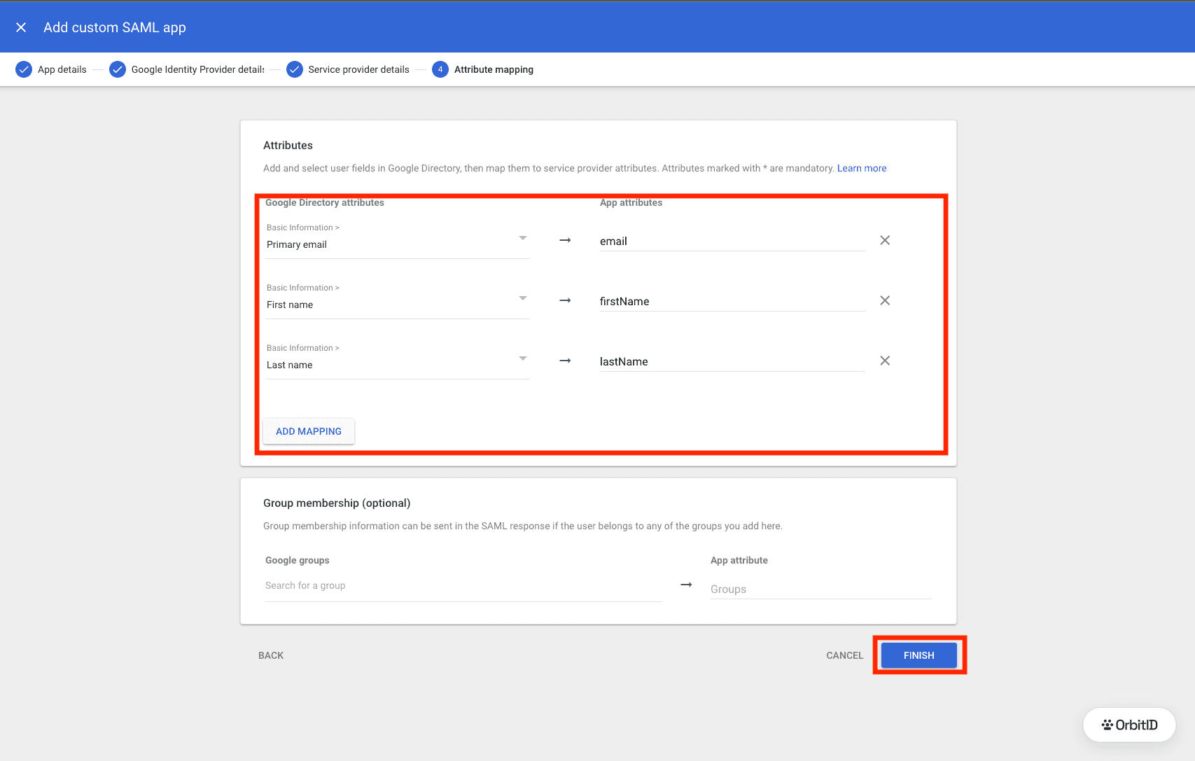 Attribute mapping with email, firstName and lastName
