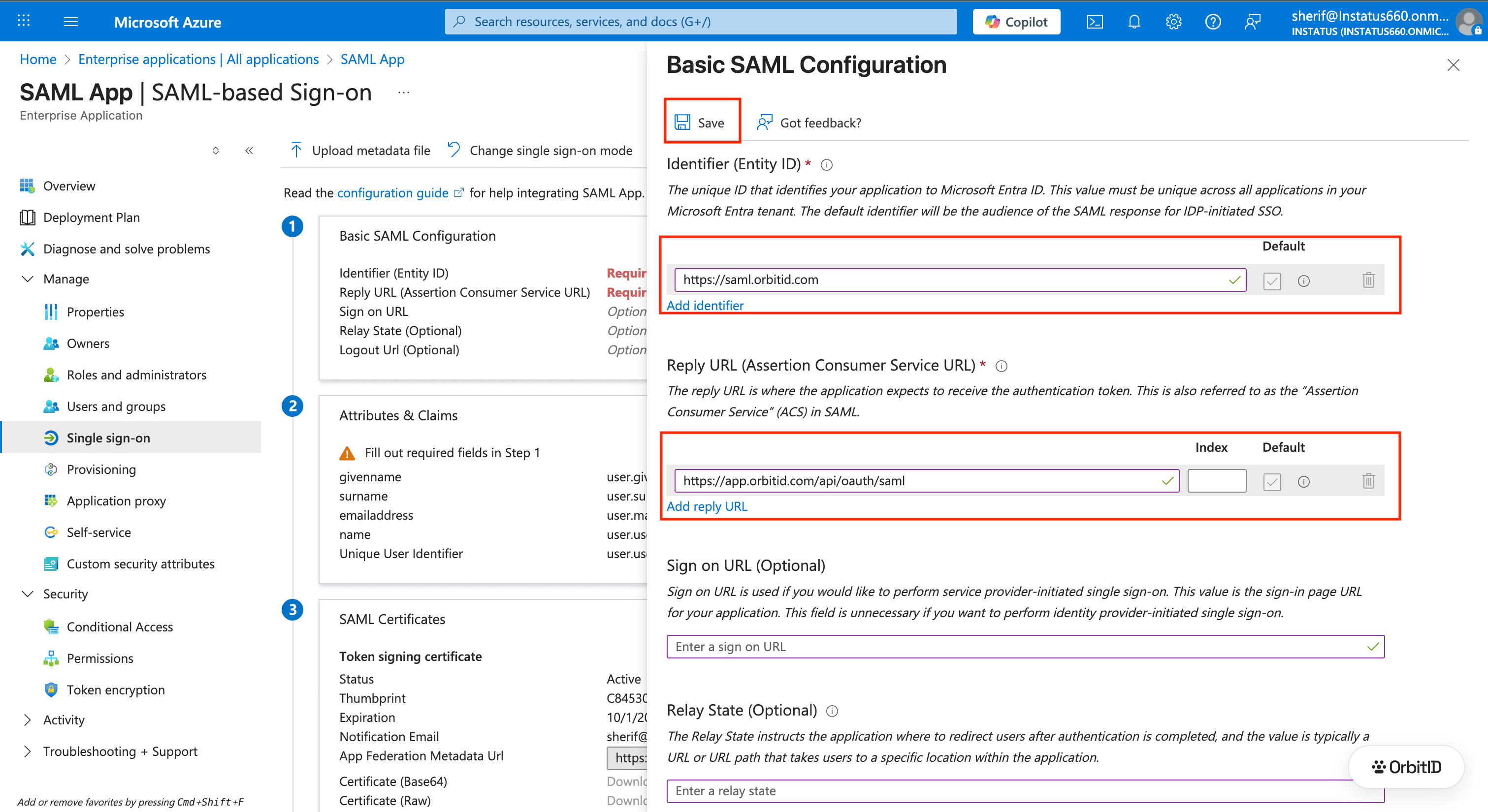 Basic SAML Configuration form with the identifier and reply URL