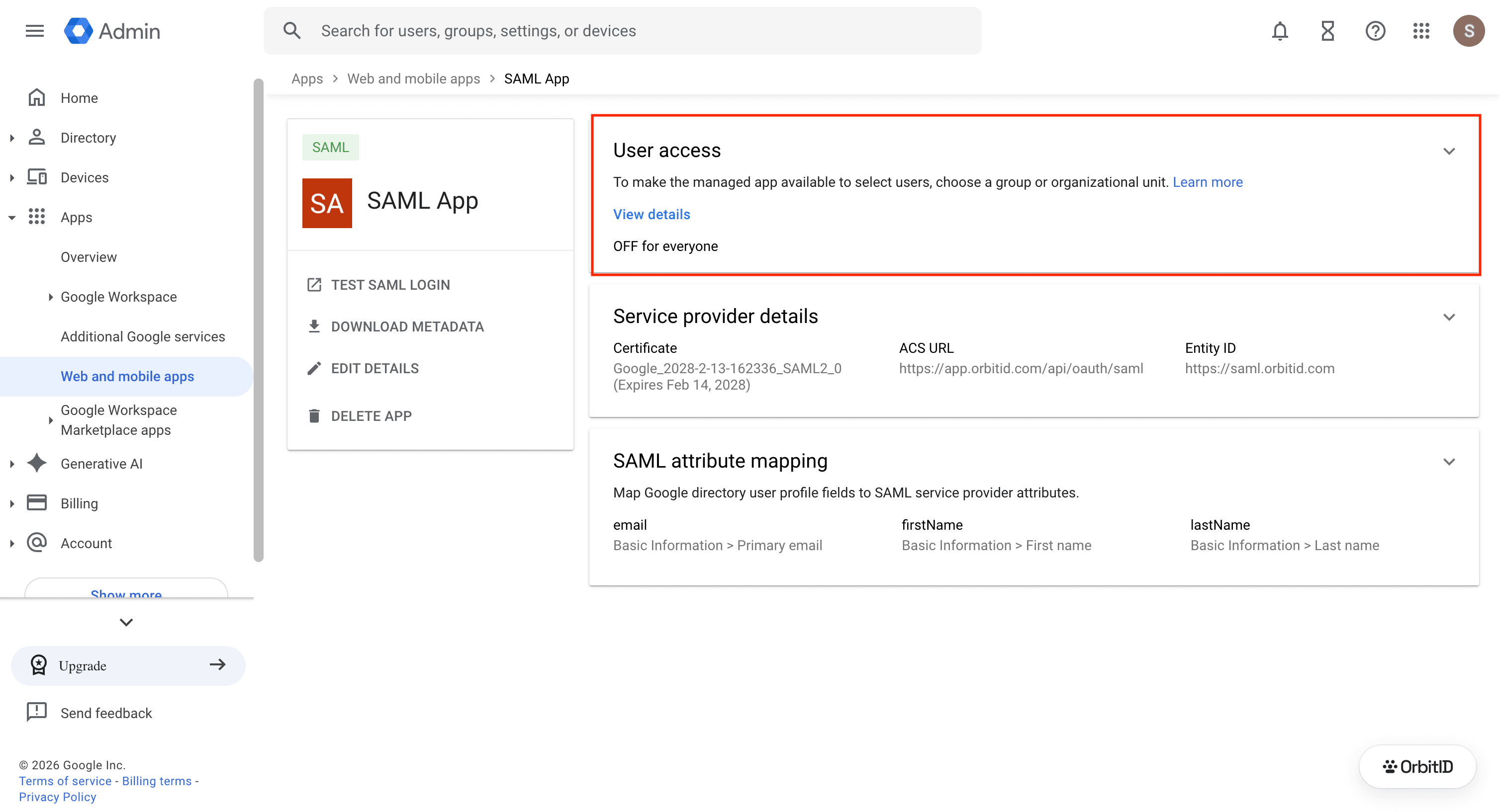 App overview with the User access card