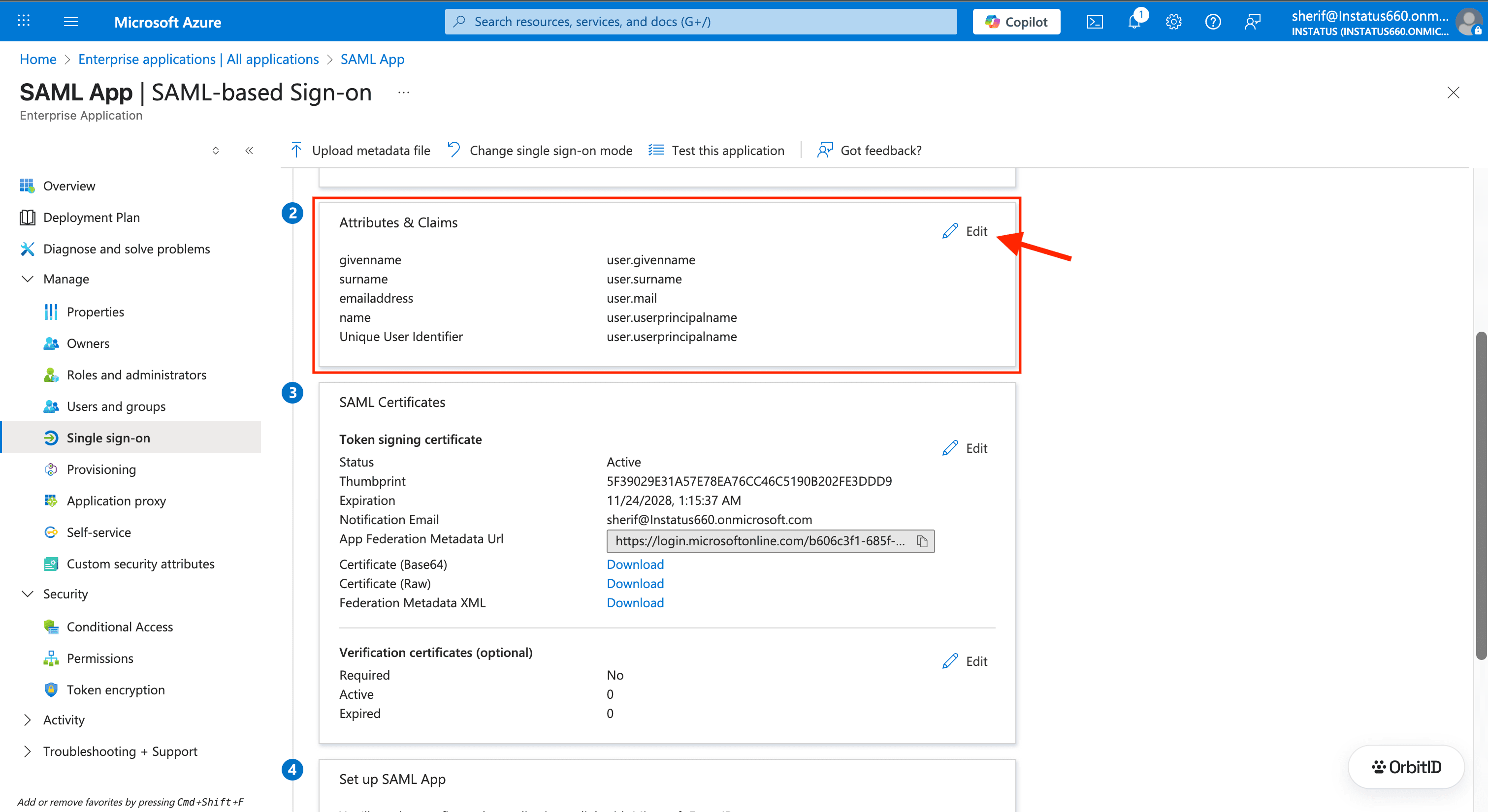 Attributes & Claims section with the edit button