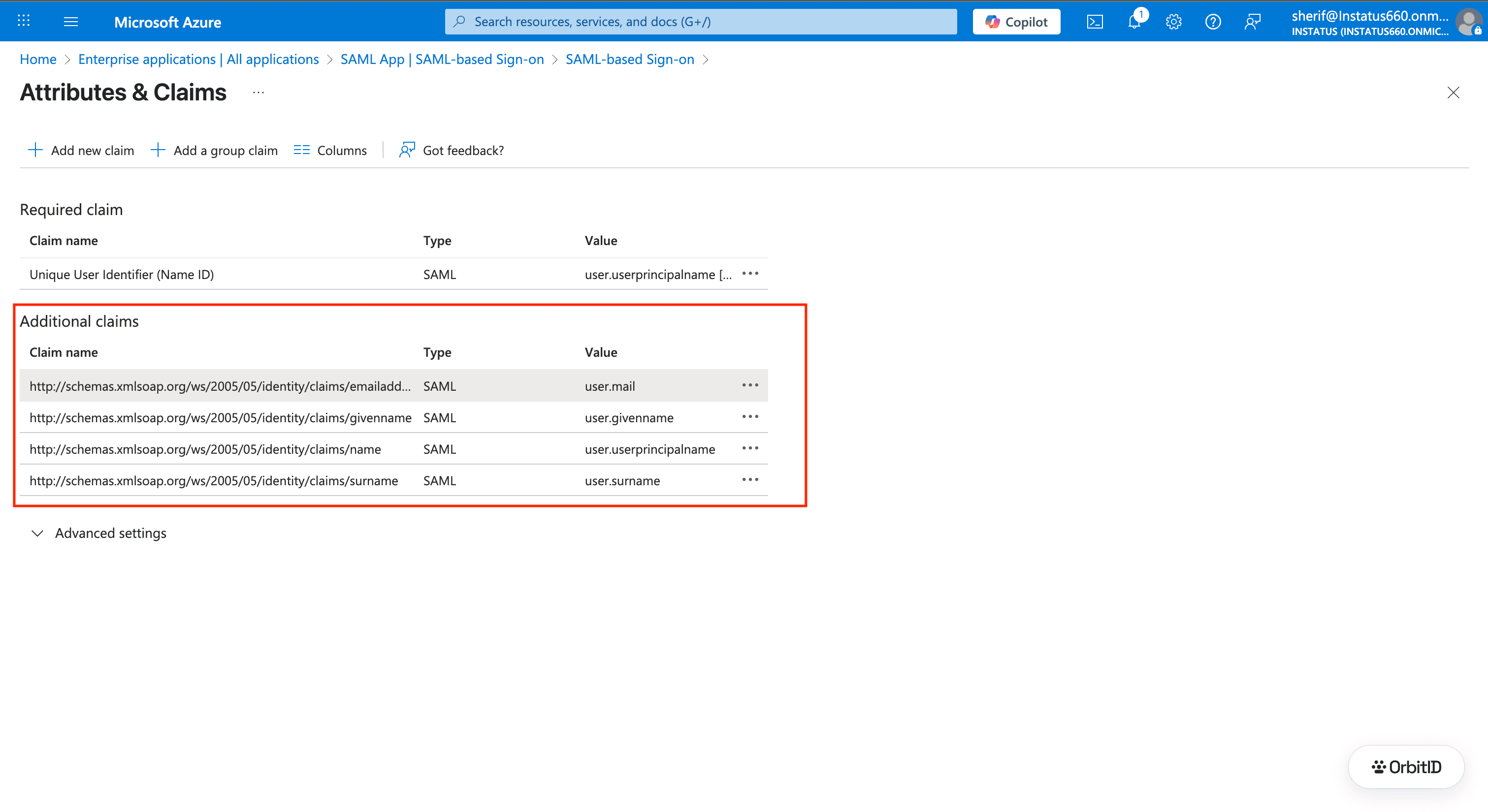 Attributes & Claims list with the email, given name, name and surname claims