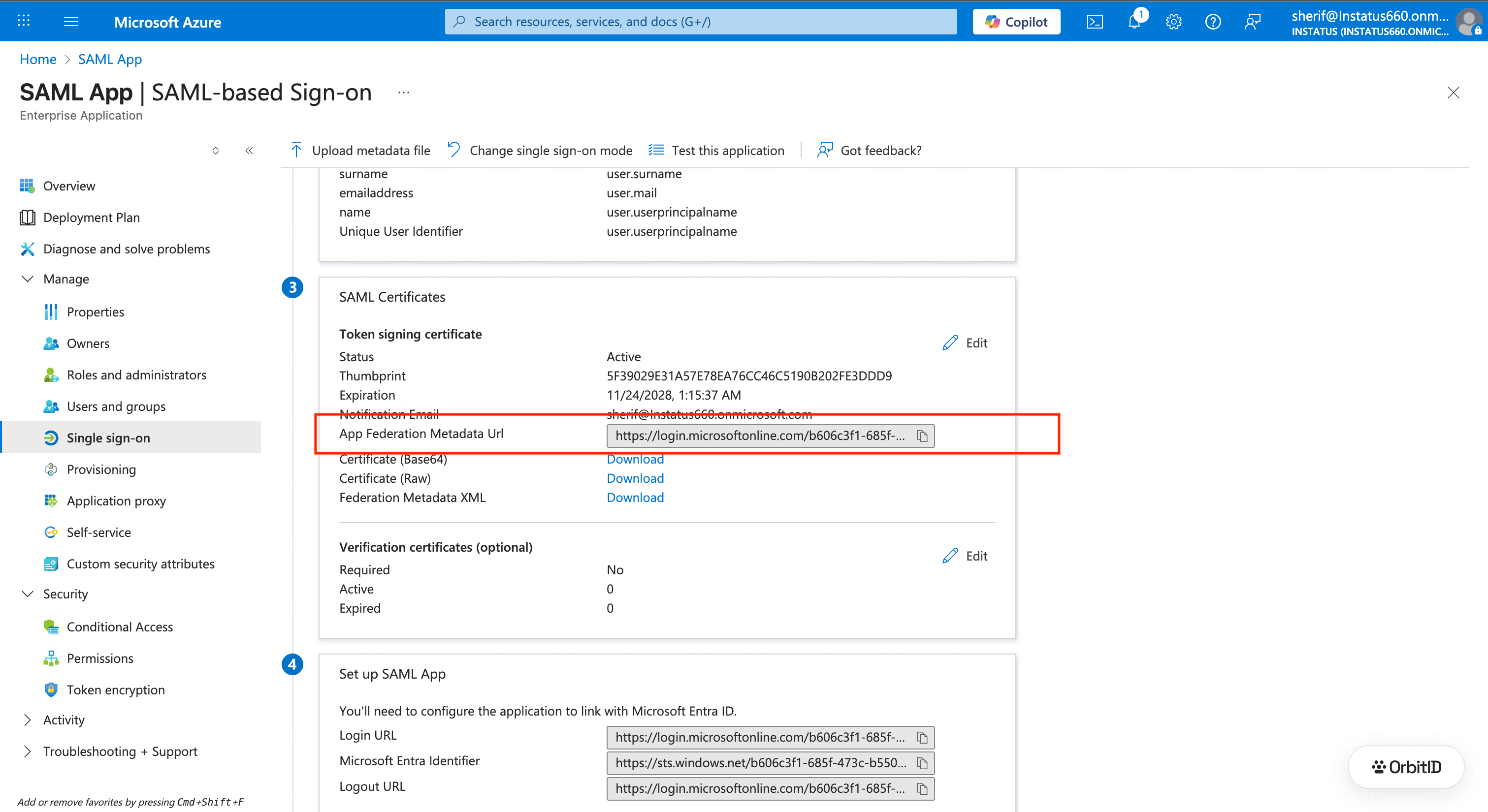 SAML Signing Certificate section with the Federation Metadata XML download