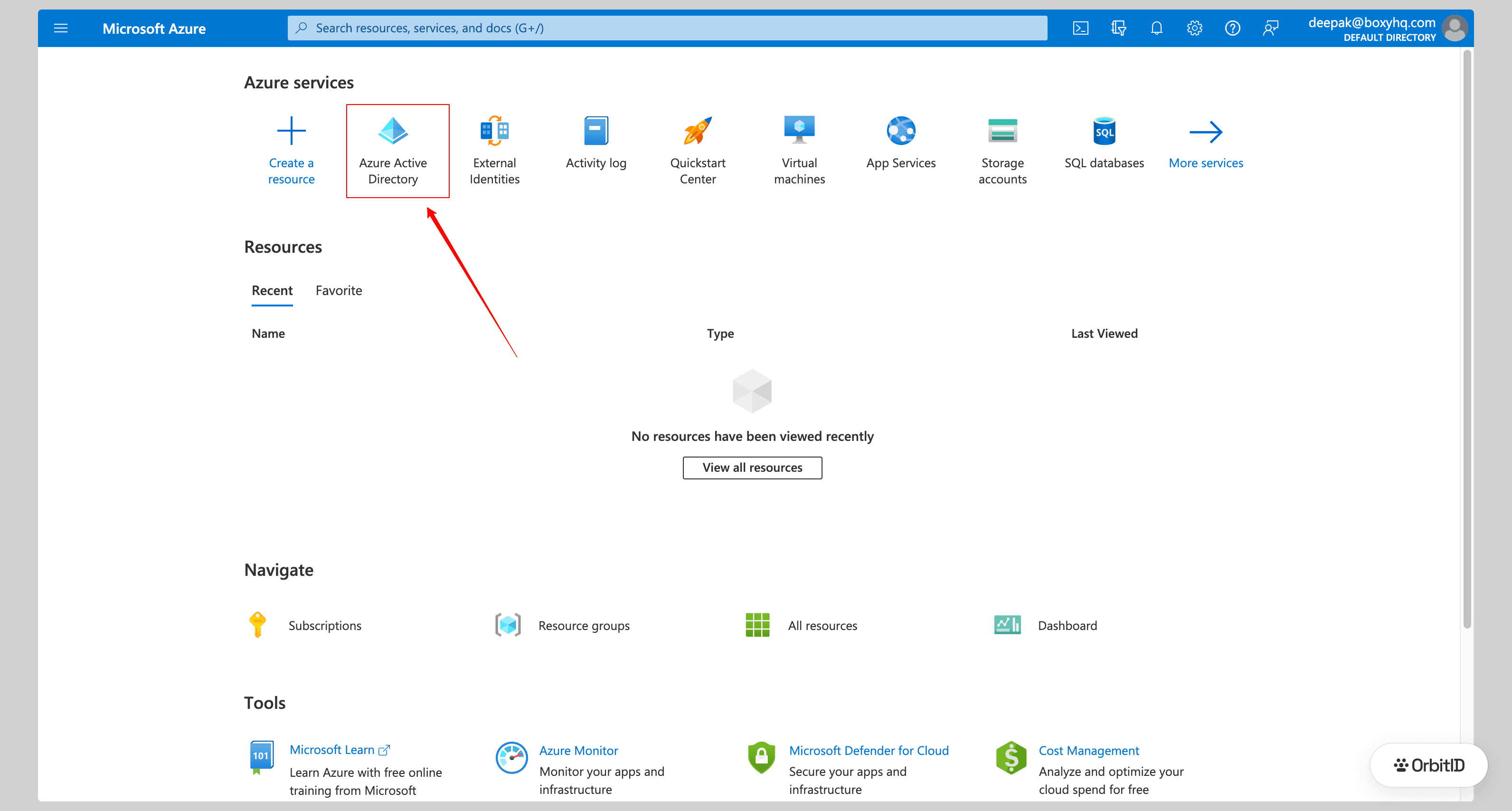 Azure portal home with Azure Active Directory highlighted