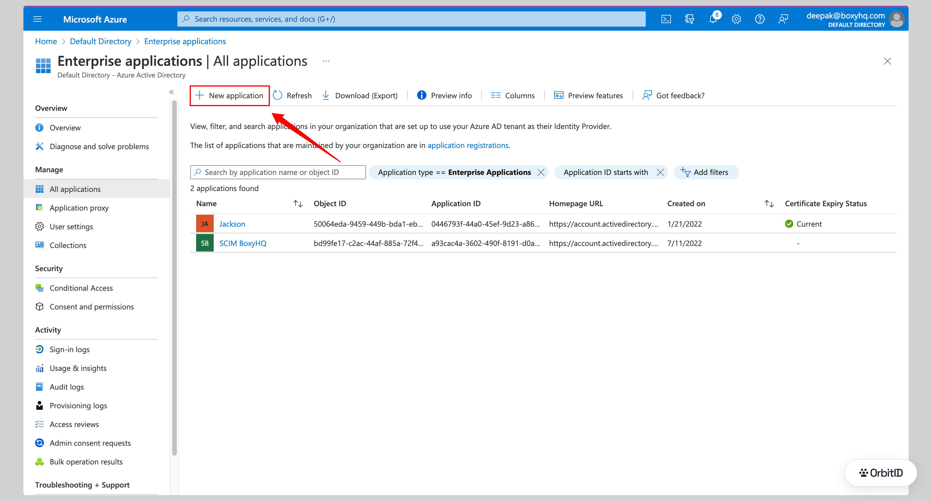 Enterprise applications list with New application highlighted