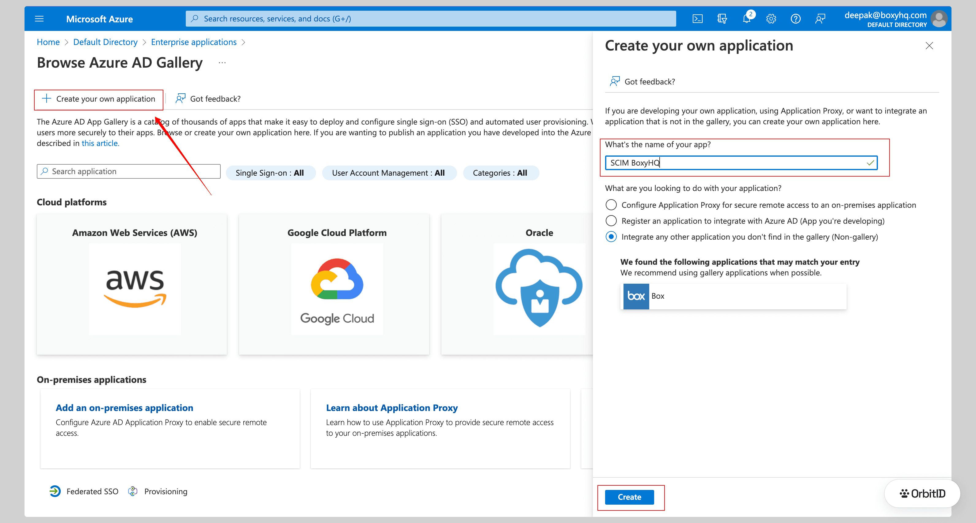 Create your own application panel with the name, non-gallery option and Create button highlighted