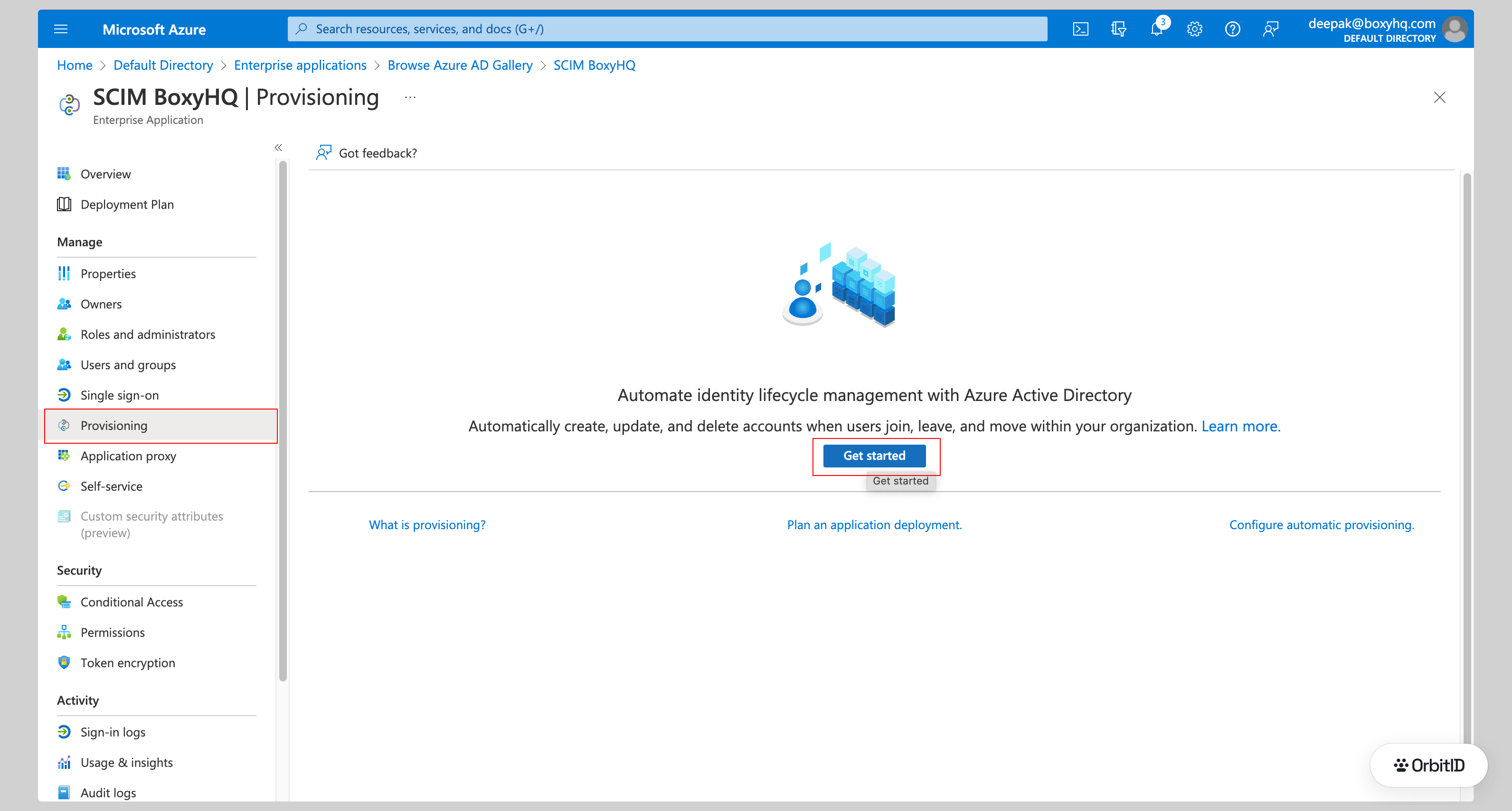 Provisioning page with Get started highlighted
