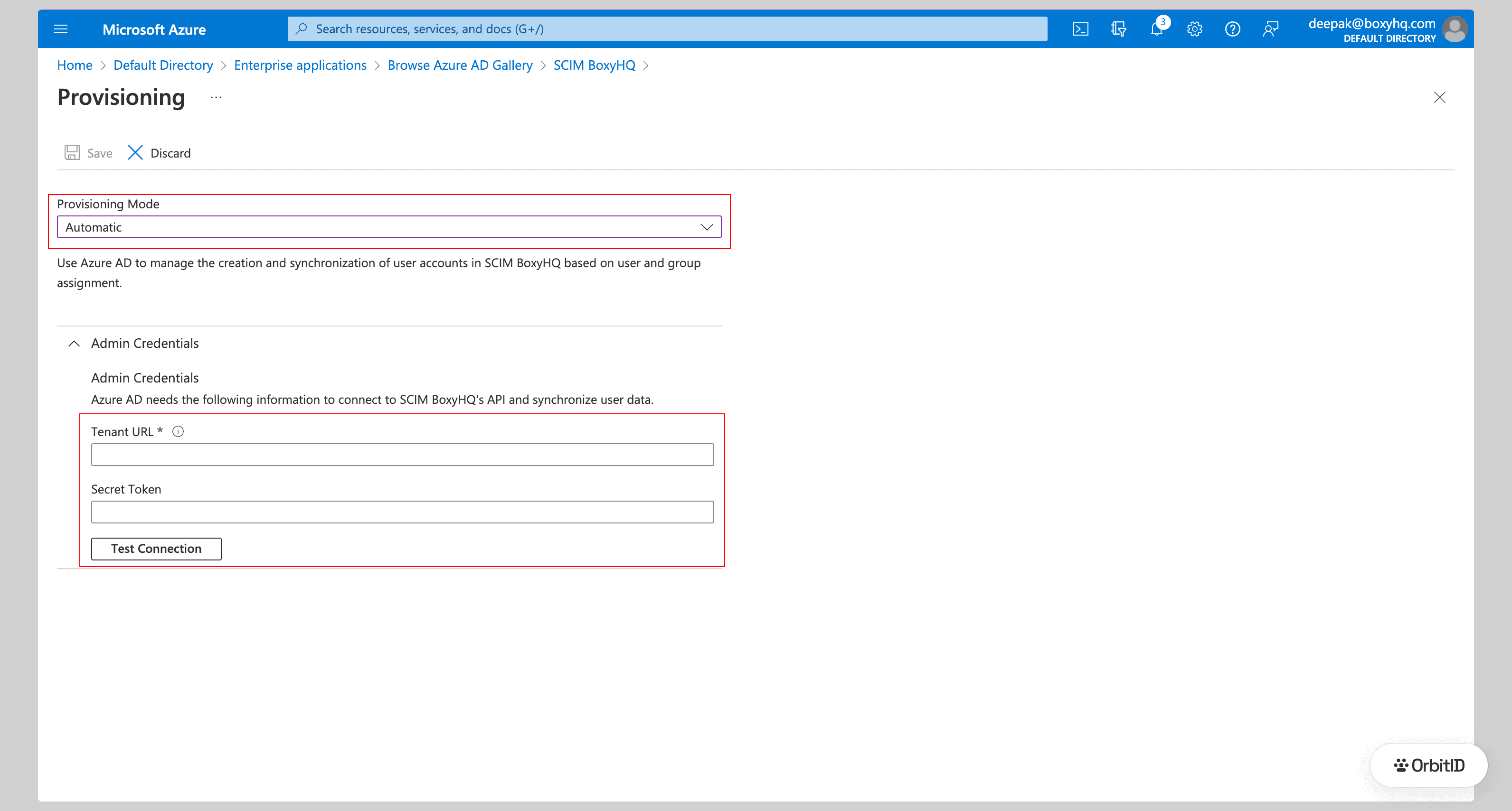 Provisioning settings with Automatic mode and the admin credentials highlighted