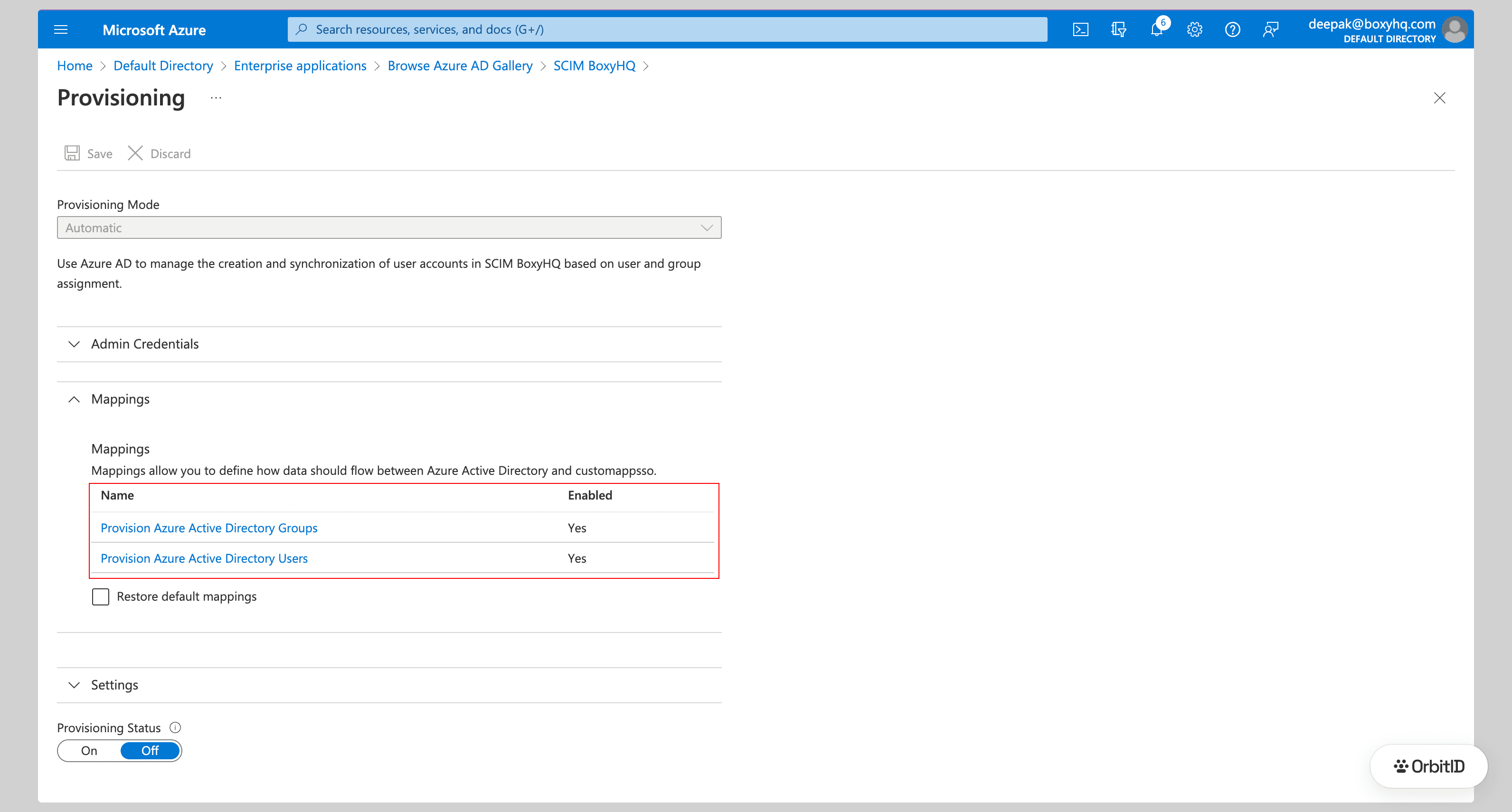 Mappings section with user and group provisioning enabled and the provisioning status toggle