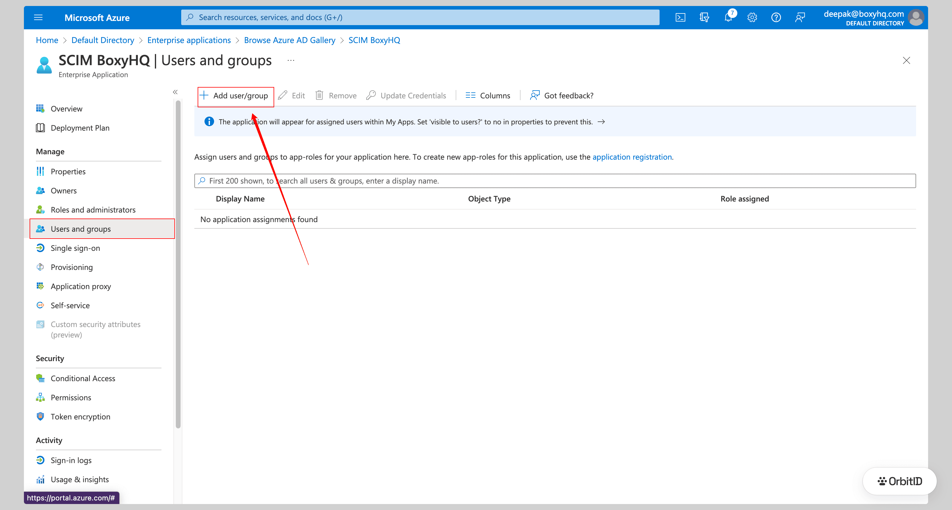 Users and groups page with Add user/group highlighted