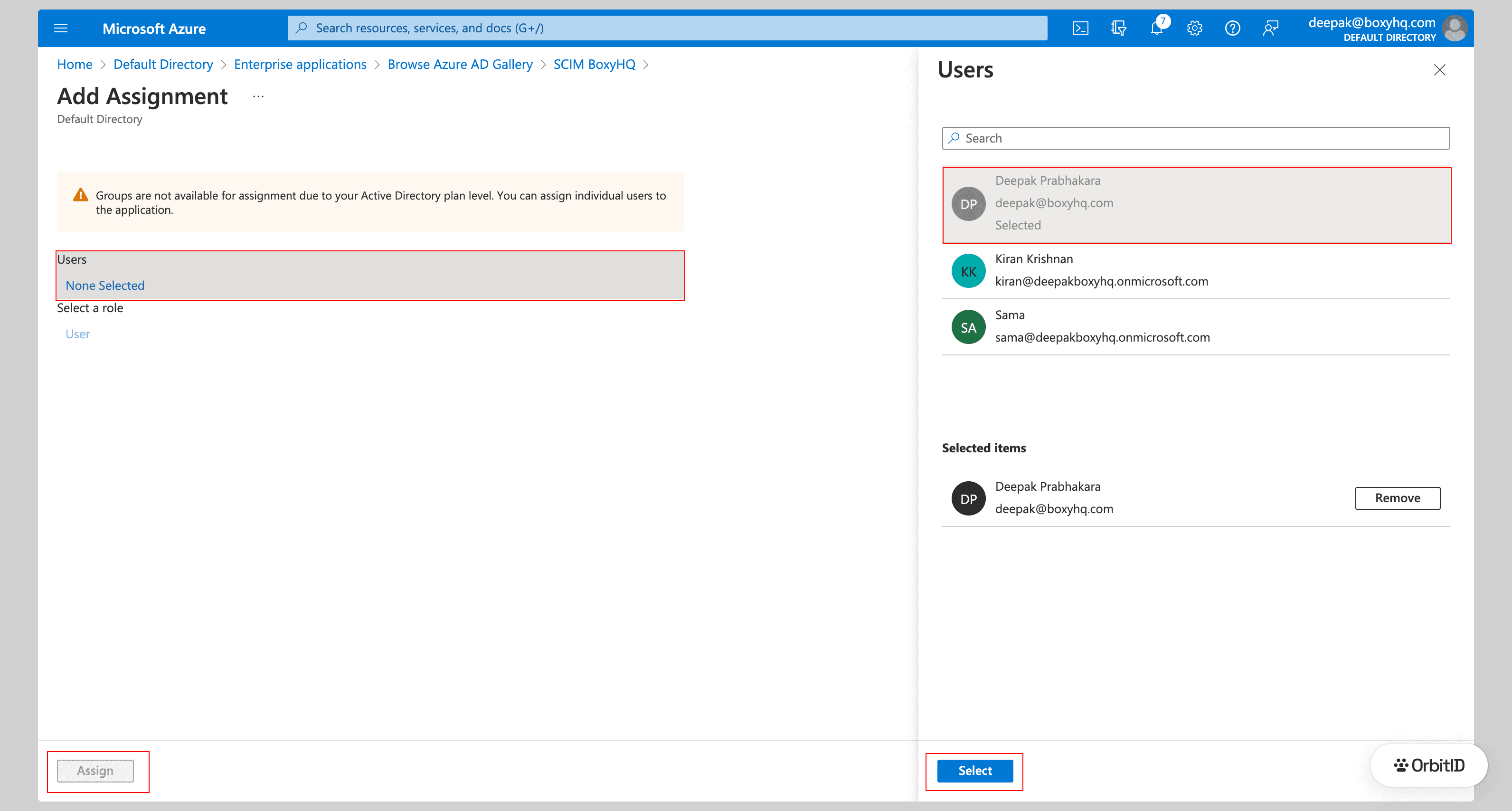 Add Assignment panel with a user selected and the Assign button highlighted