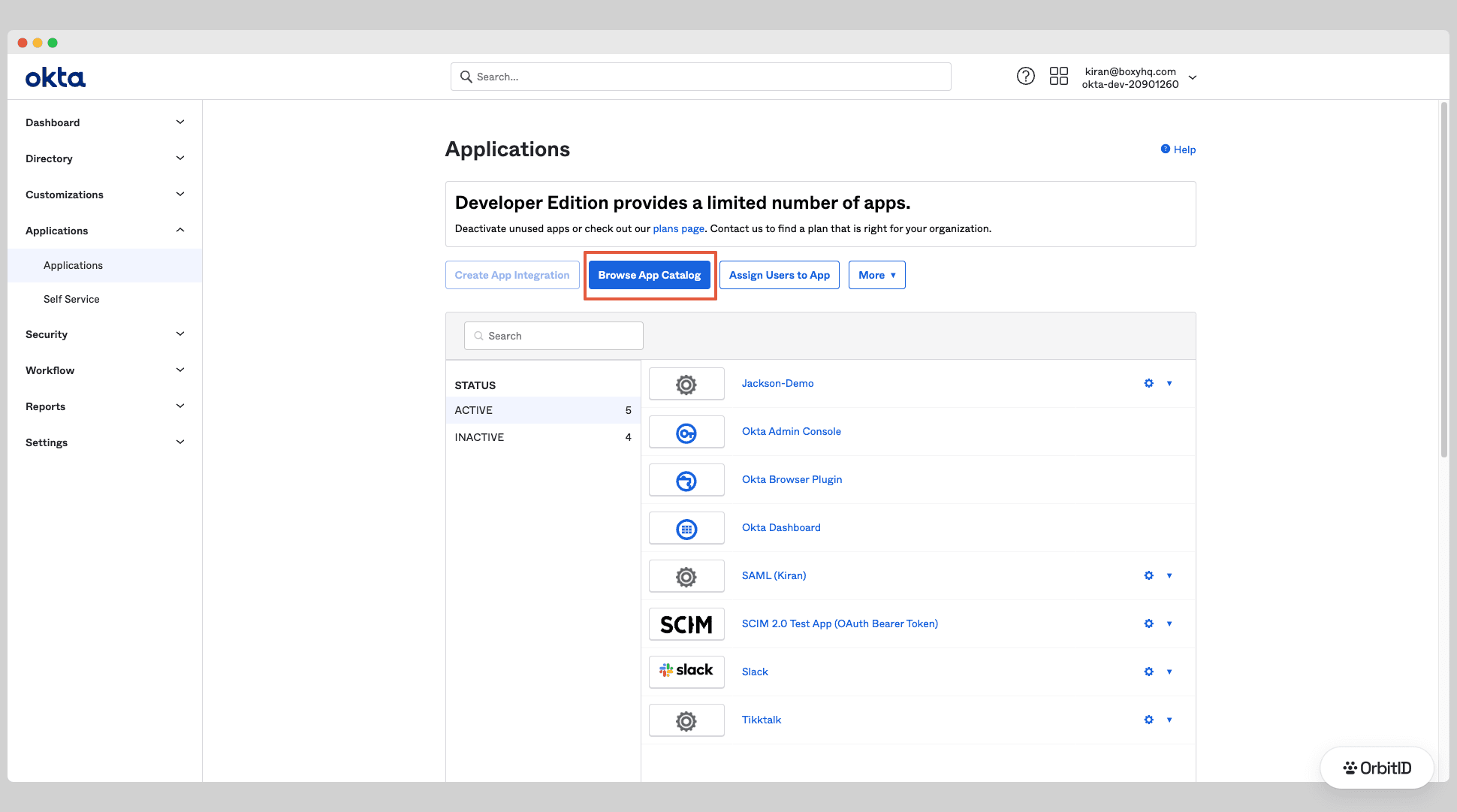 Okta applications page with Browse App Catalog highlighted