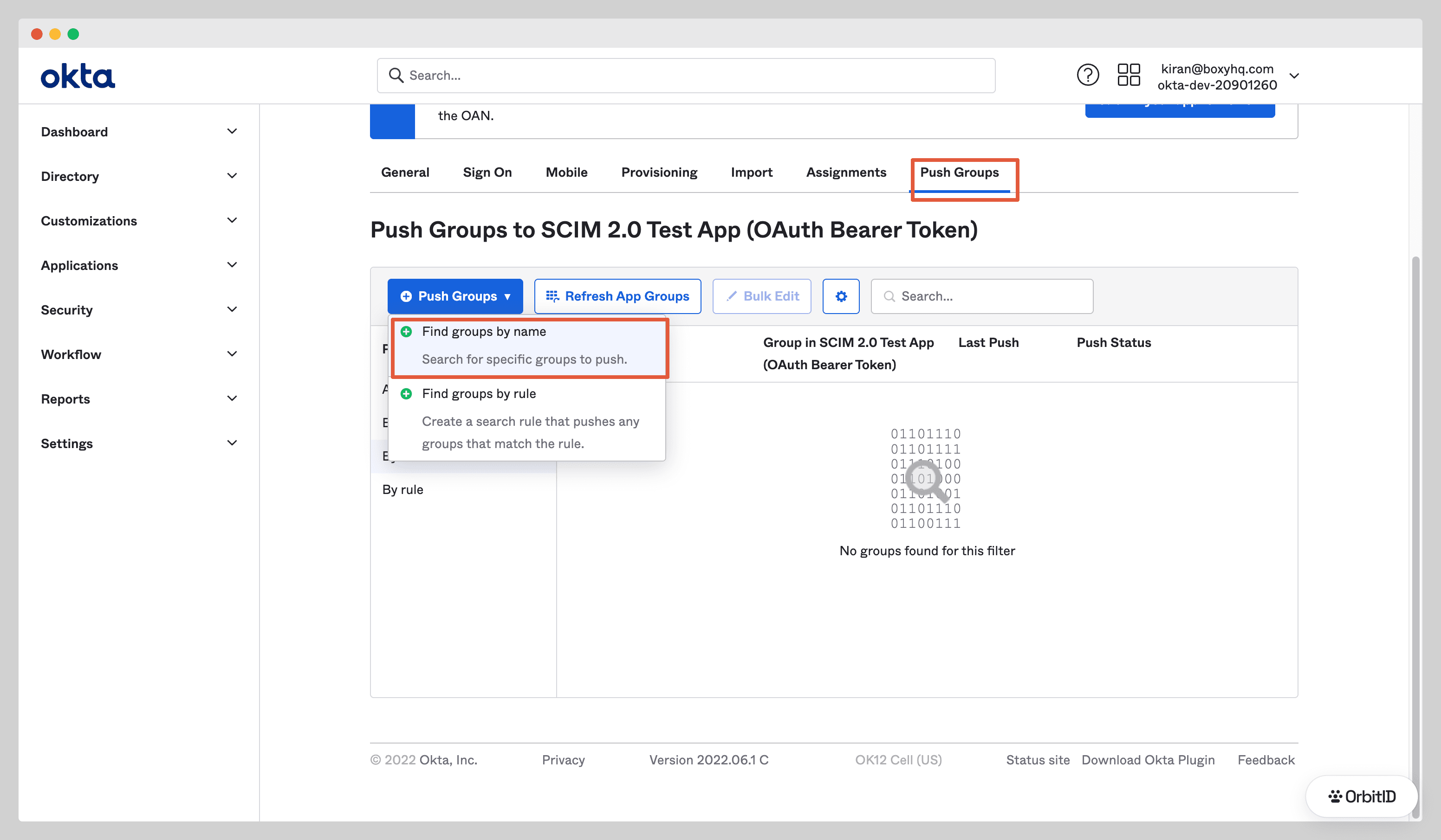 Push Groups tab with Find groups by name highlighted