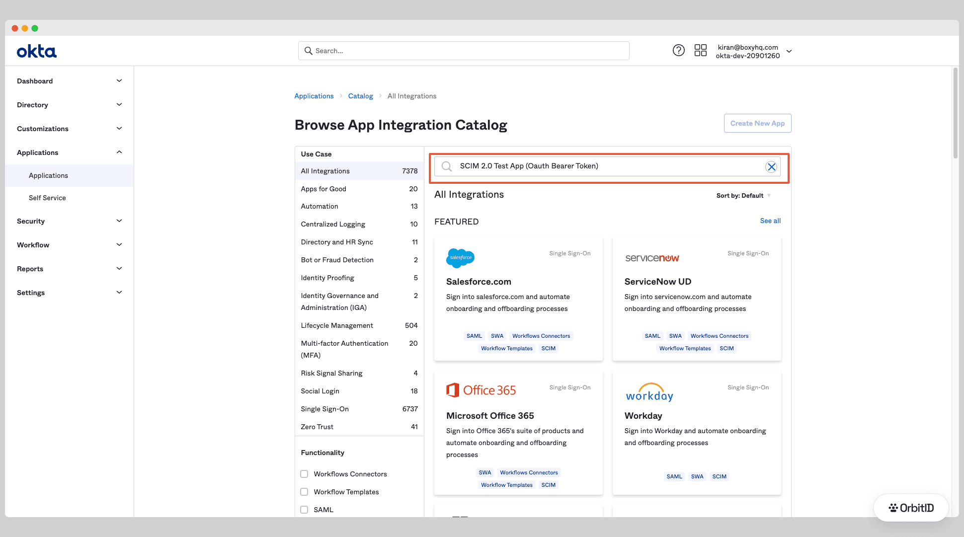 Searching the app catalog for SCIM 2.0 Test App (OAuth Bearer Token)