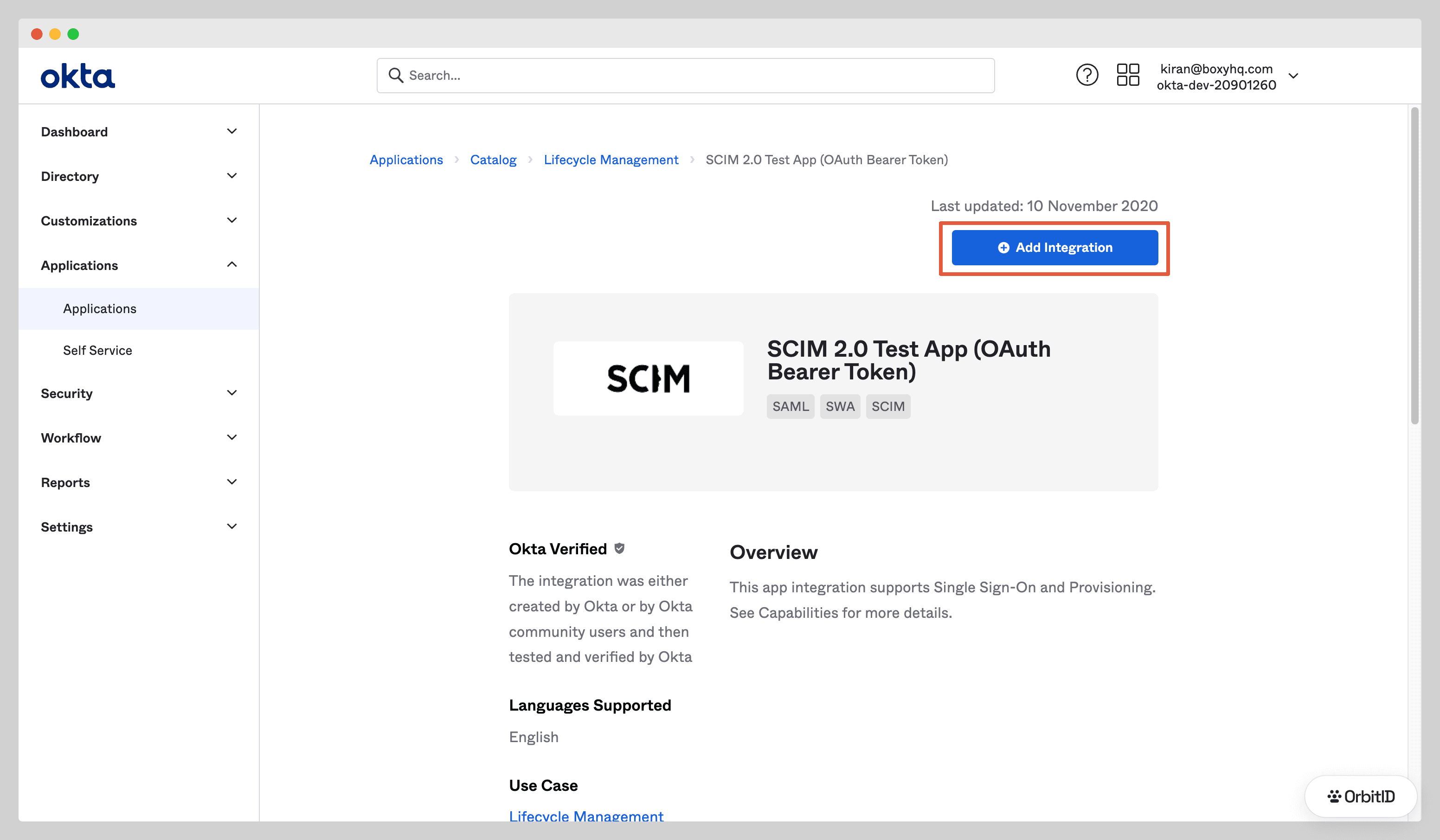 The SCIM 2.0 Test App catalog page with Add Integration highlighted