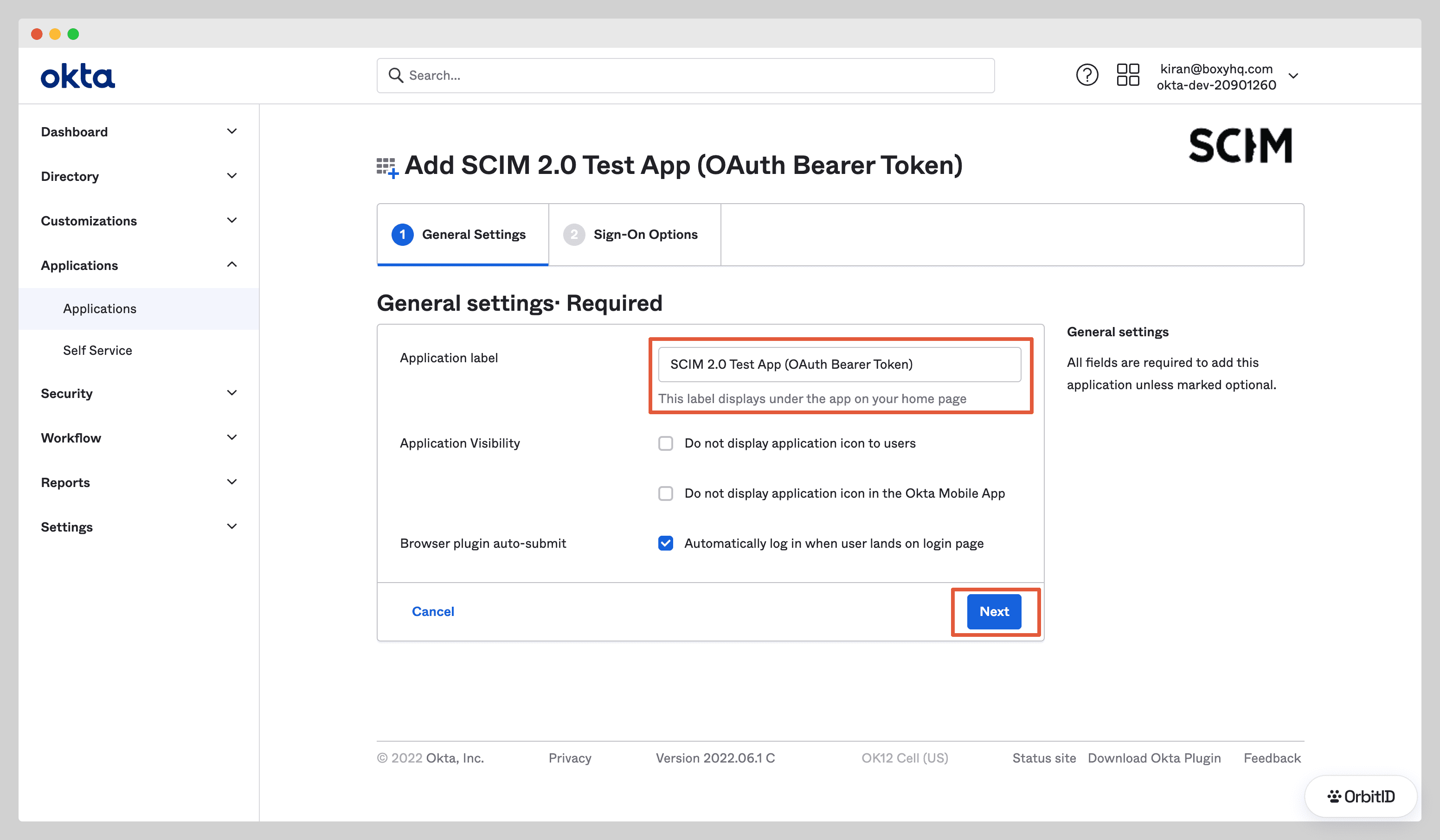 General settings step with the application label and Next button highlighted