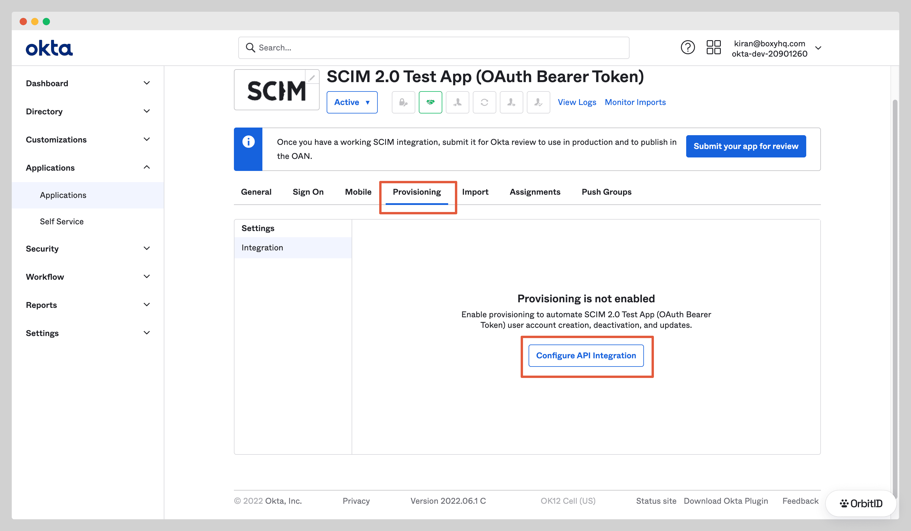 Provisioning tab with Configure API Integration highlighted