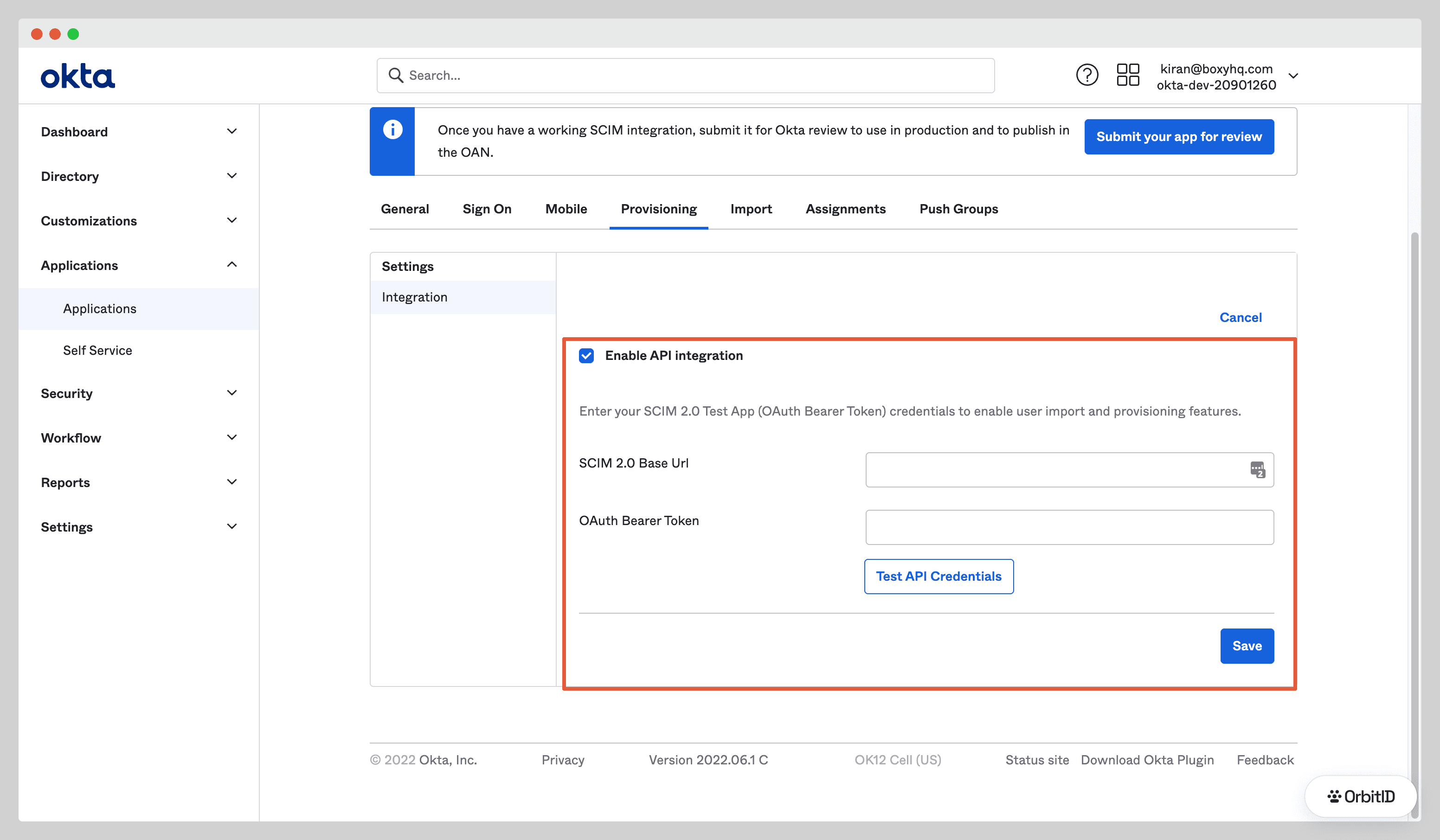 API integration form with the base URL, bearer token, test and save controls highlighted