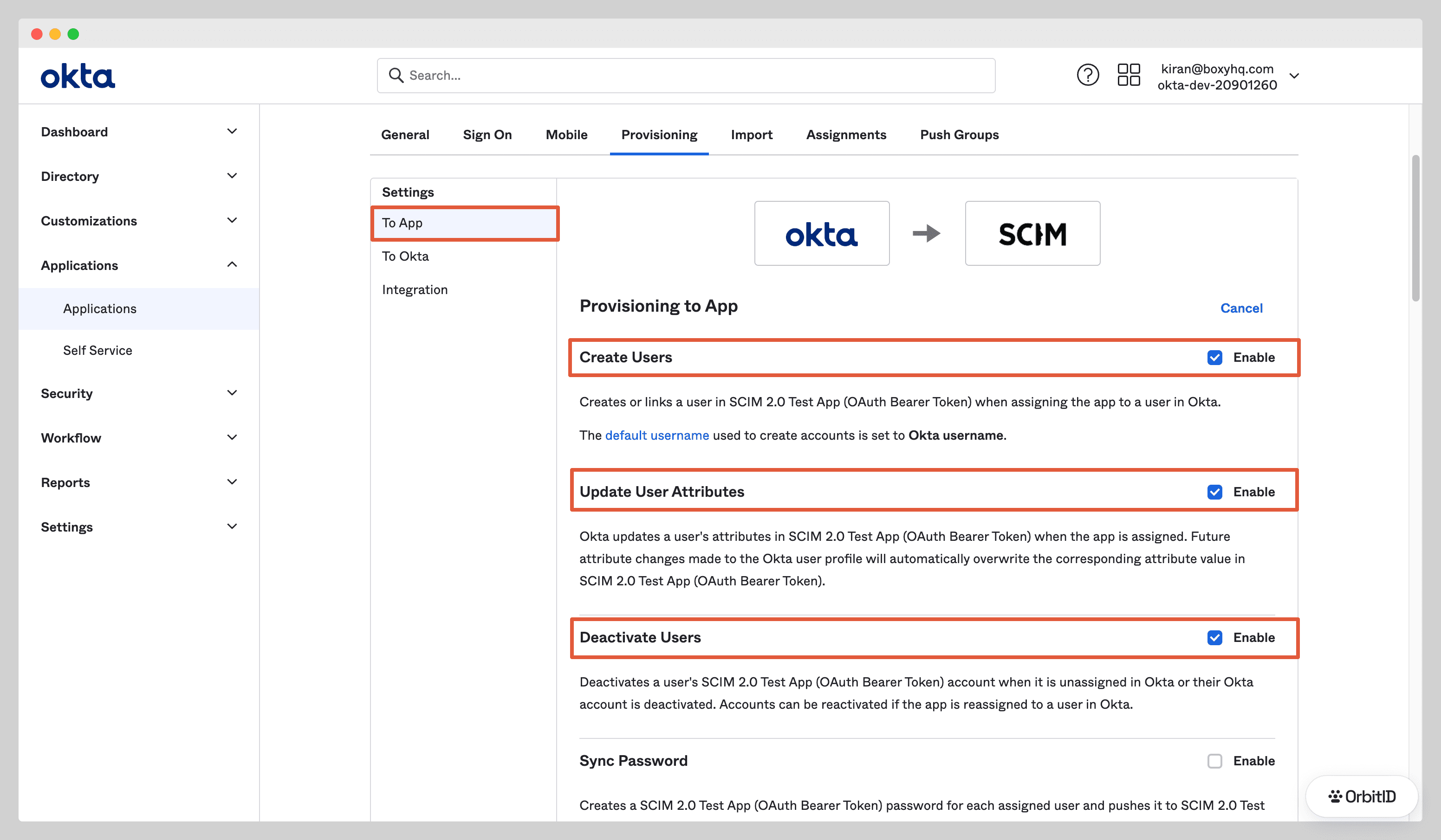 Provisioning to App settings with Create Users, Update User Attributes and Deactivate Users enabled