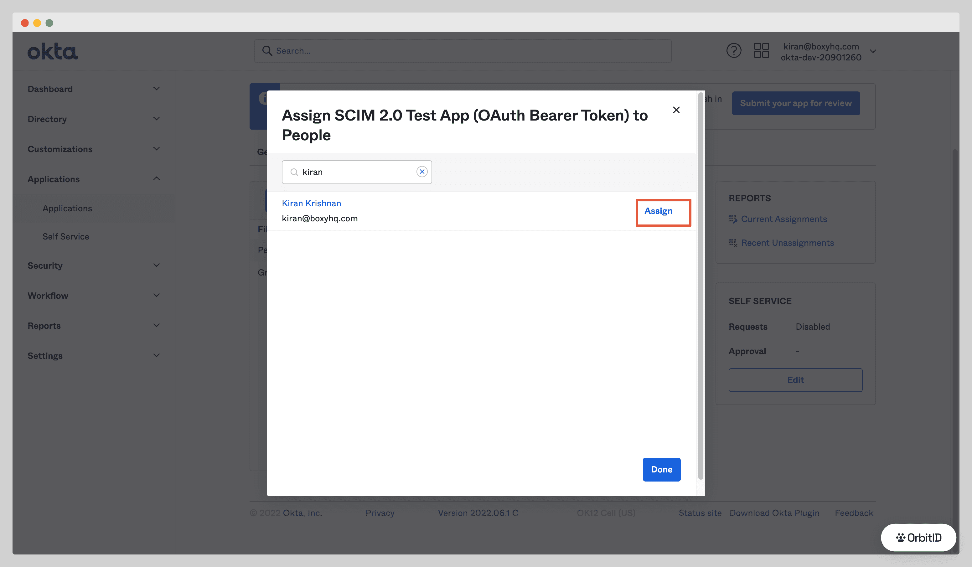 Assign to People dialog with a user selected